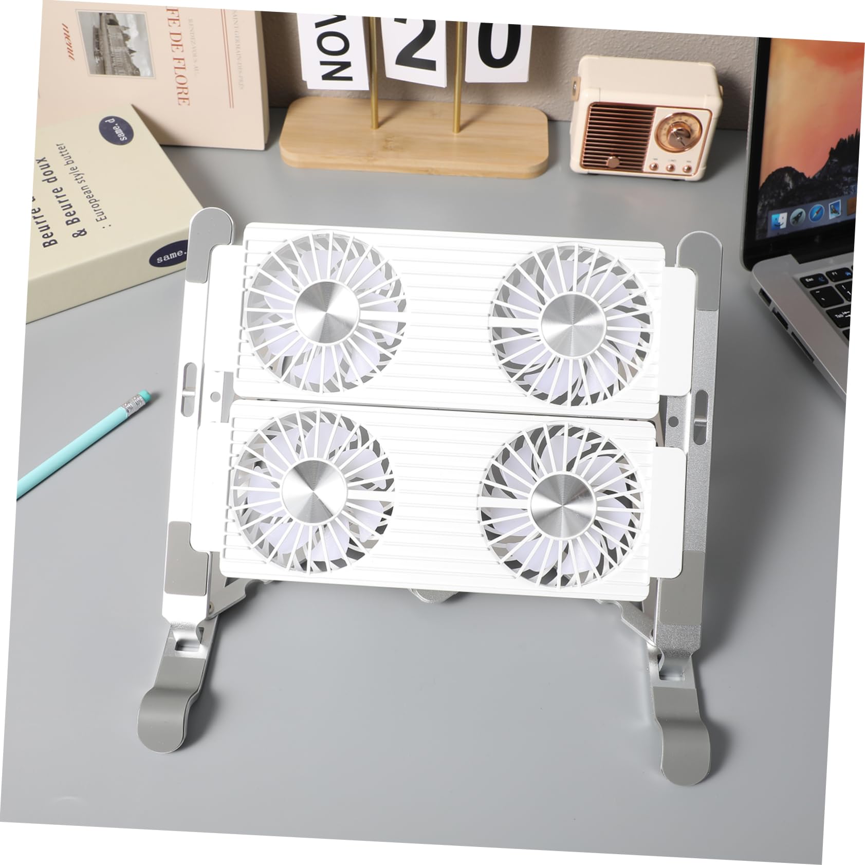 Laptop Cooler Stand Argento Lega di Alluminio Ventola, Atmosfera Estiva | Supporto Pieghevole, Silicone Antiscivolo, Alimentazione Usb, 3w, 0.6a