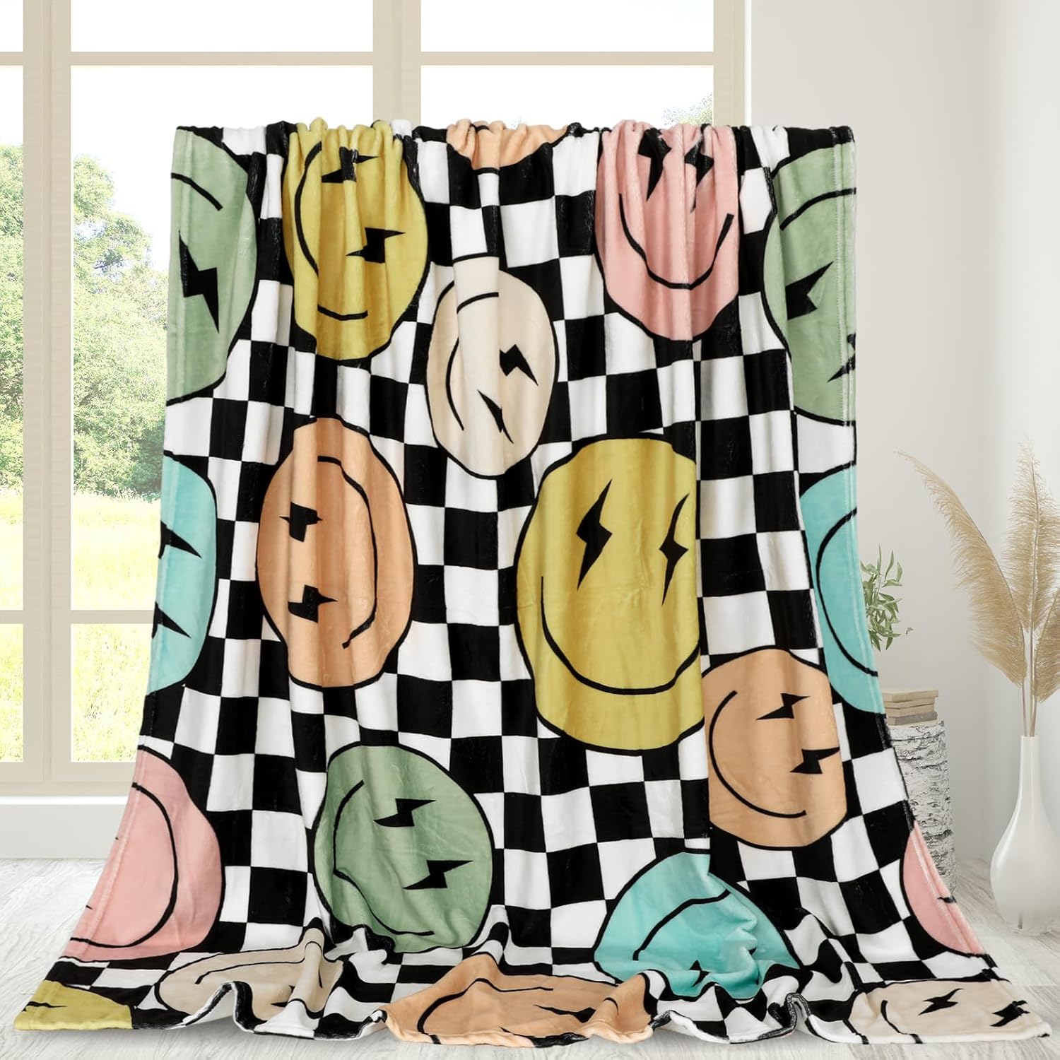 JarThenaAMCS Fuzzy Flannel Blanket Hippie Smile Face Checkerboard Throw Blanket for Home Chair Sofa Couch Bed, 50 x 60 Inch - Image 2