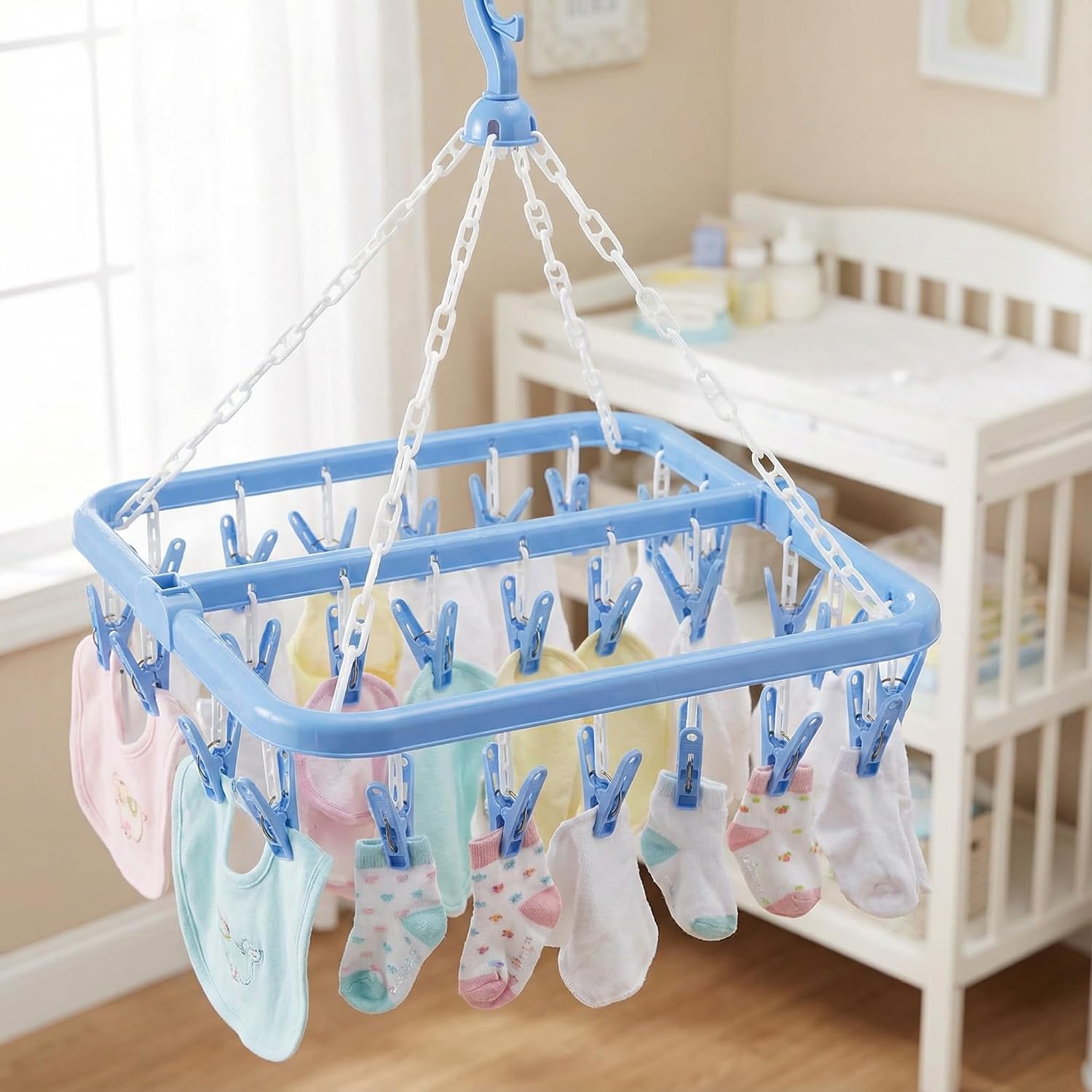 Luxshiny Foldable Clothes Drying Rack 32 Clip Hanger with High Elastic Clips Sock Drying Rack for Underwear Socks Bras Towels Indoor Laundry Storage 12.79 X 12.99 X 6.69 in