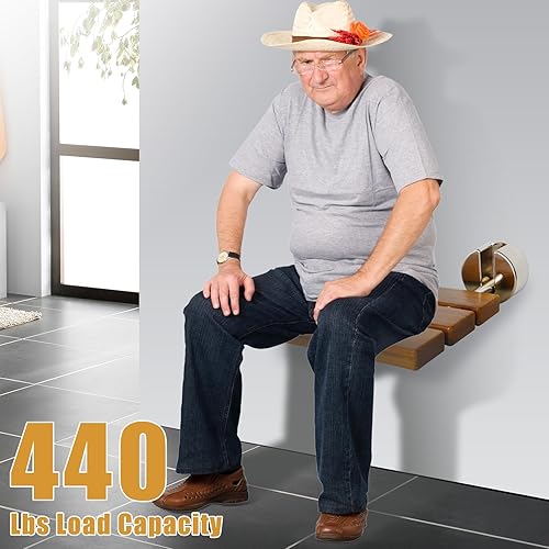 Miniatura 3 de Asiento de ducha plegable de teca de 20 pulgadas montado en la pared, banco de ducha plegable para espacio de ducha pequeño, taburete de madera de