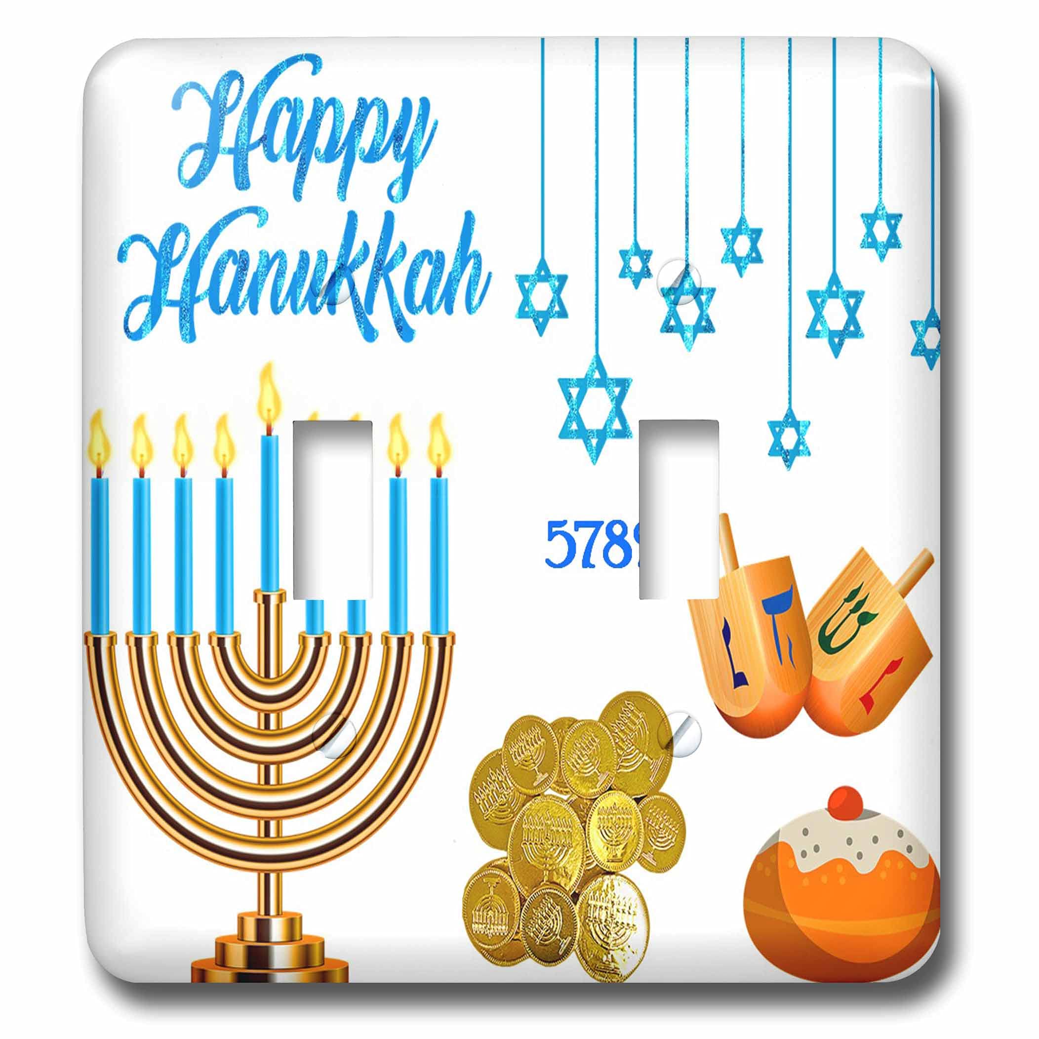 3dRose Image of Blue Happy Hanukkah With Menorah Dreidels And... - Light Switch Covers (lsp_349848_2)