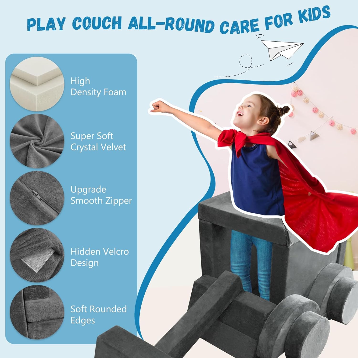 Kayfia 18PCS Modular Kids Play Couch, Kids Couch Building Fort for Playroom and Bedroom Furniture for Toddlers, Unlimited Creativity Sofa Convertible Play Fort (Grey)