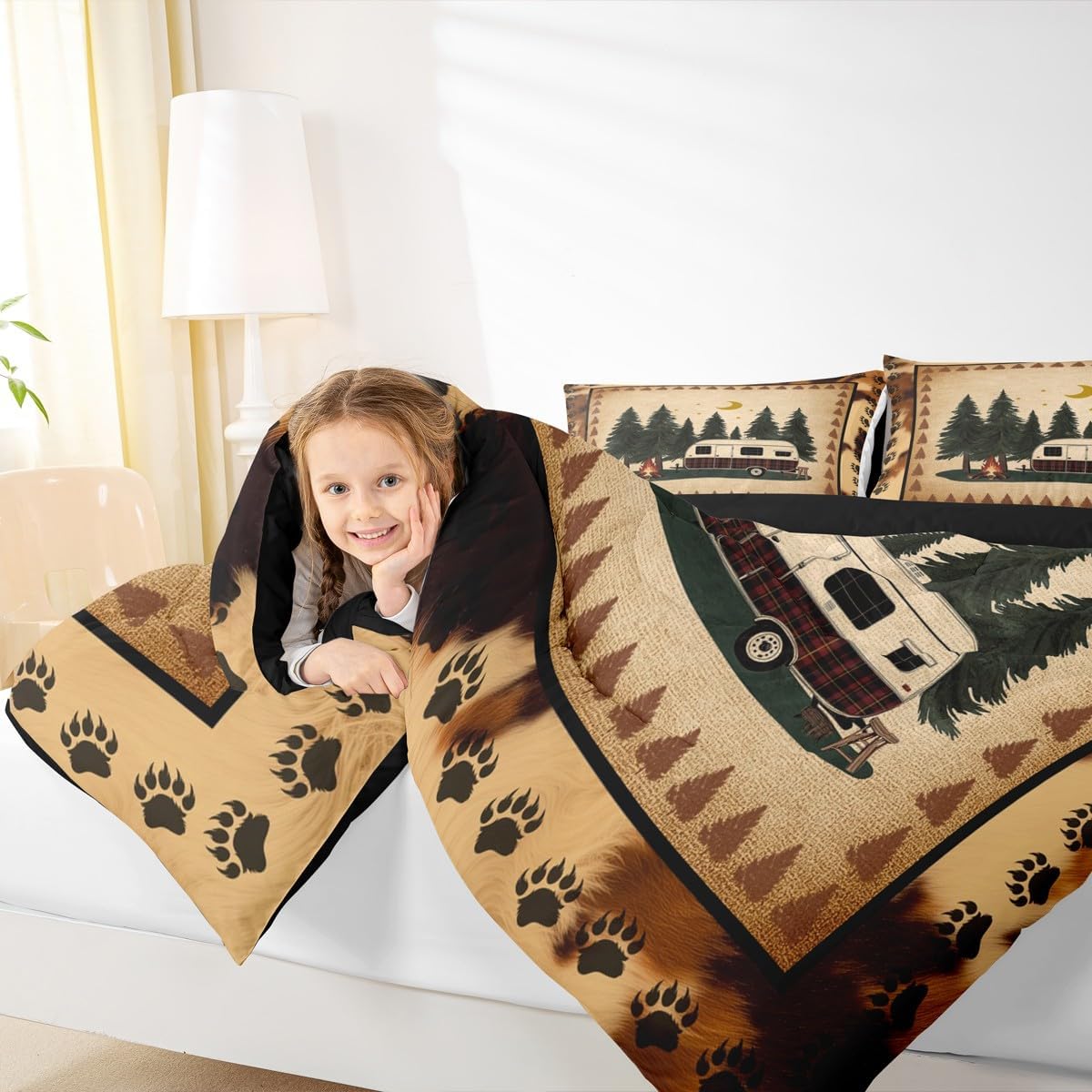 Erosebridal Happy Camping Bedding for Camper RV Car Comforter Set Full, Brown Farmhouse Duvet Insert Animal Paw Quilt Comforter, Rustic Lodge Cabin Bedding Comforters & Sets Retro Farm Style Decor