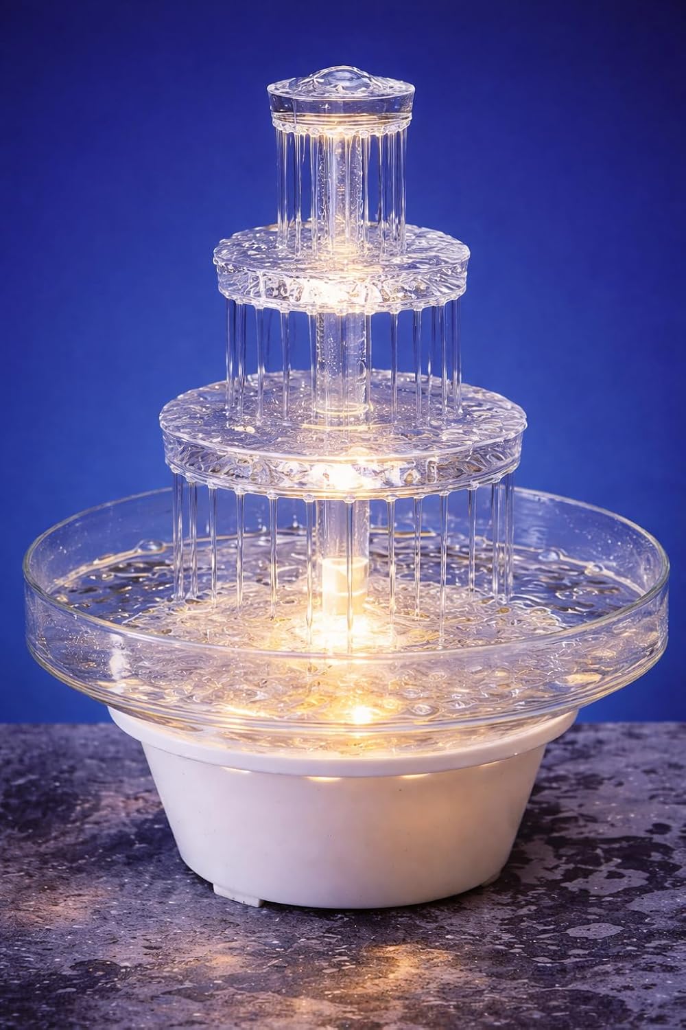 Oasis Supply, 12.5" Lighted Wedding Cake Water Fountain – Clear 3-Tier Decorative Cake Centerpiece Fountain, 10" Wide, Plug-in (No Batteries), for Water Only