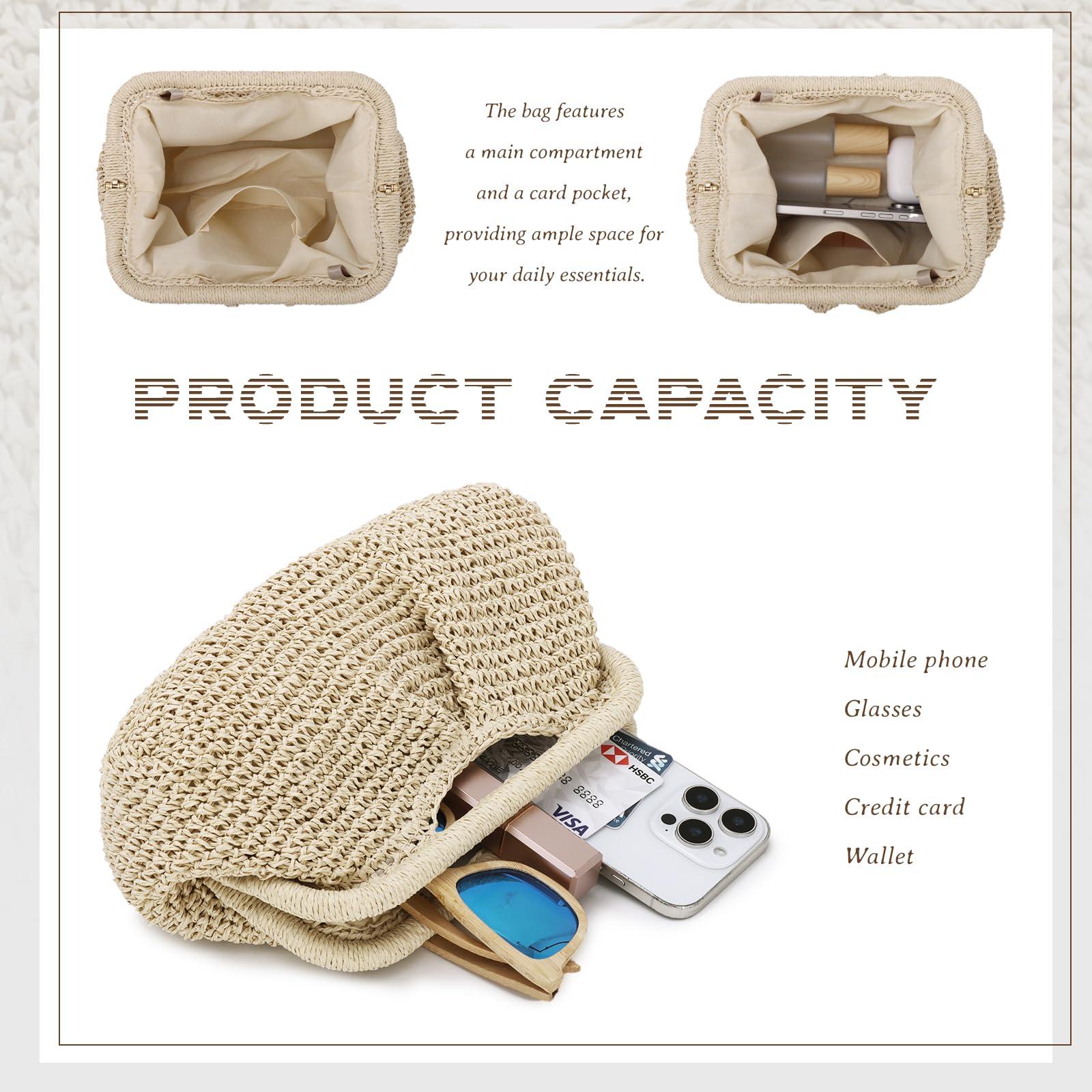Bolso de Mano de Paja para Mujer Bolso de Playa de Verano Bolso Tejido Cloud Dumpling Bolso Bandolera para Viajes de Vacaciones