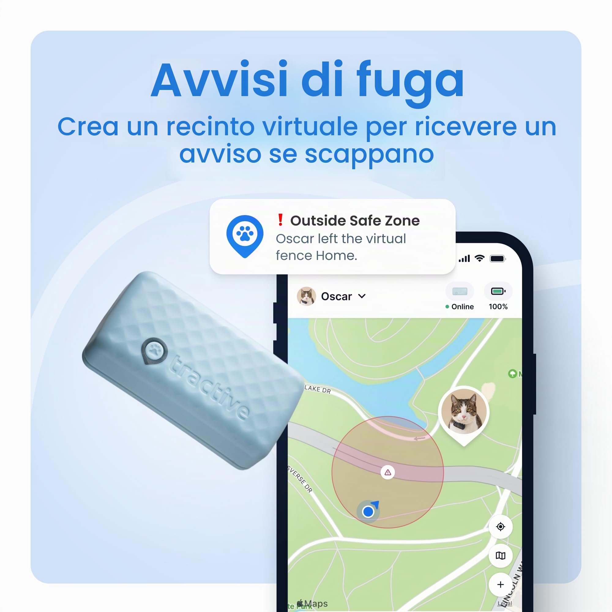 Tractive Localizzatore GPS e monitoraggio della salute per gatti (2,9 kg+) – Localizzatore di posizione GPS per animali domestici leader di mercato | Allerta benessere e fuga | Impermeabile | Funziona