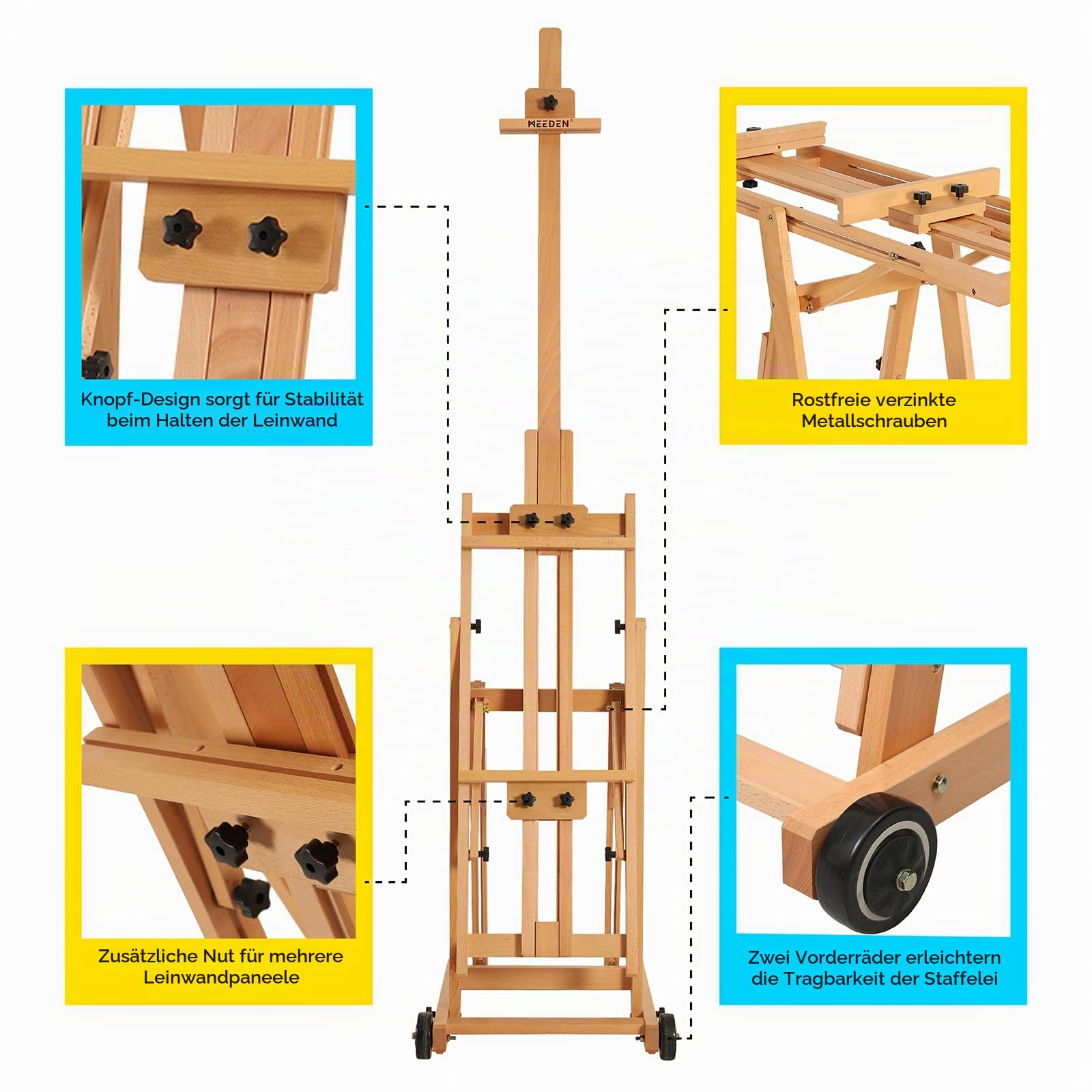 MEEDEN Vielseitige Studio Staffelei mit H-Rahmen - Alle Medien verstellbare Staffelei aus Buchenholz,Malstaffelei Ständer,Beweglich und Neigbar,Flach Erhältlich,Hält Leinwandkunst bis 196 cm (77 Zoll)