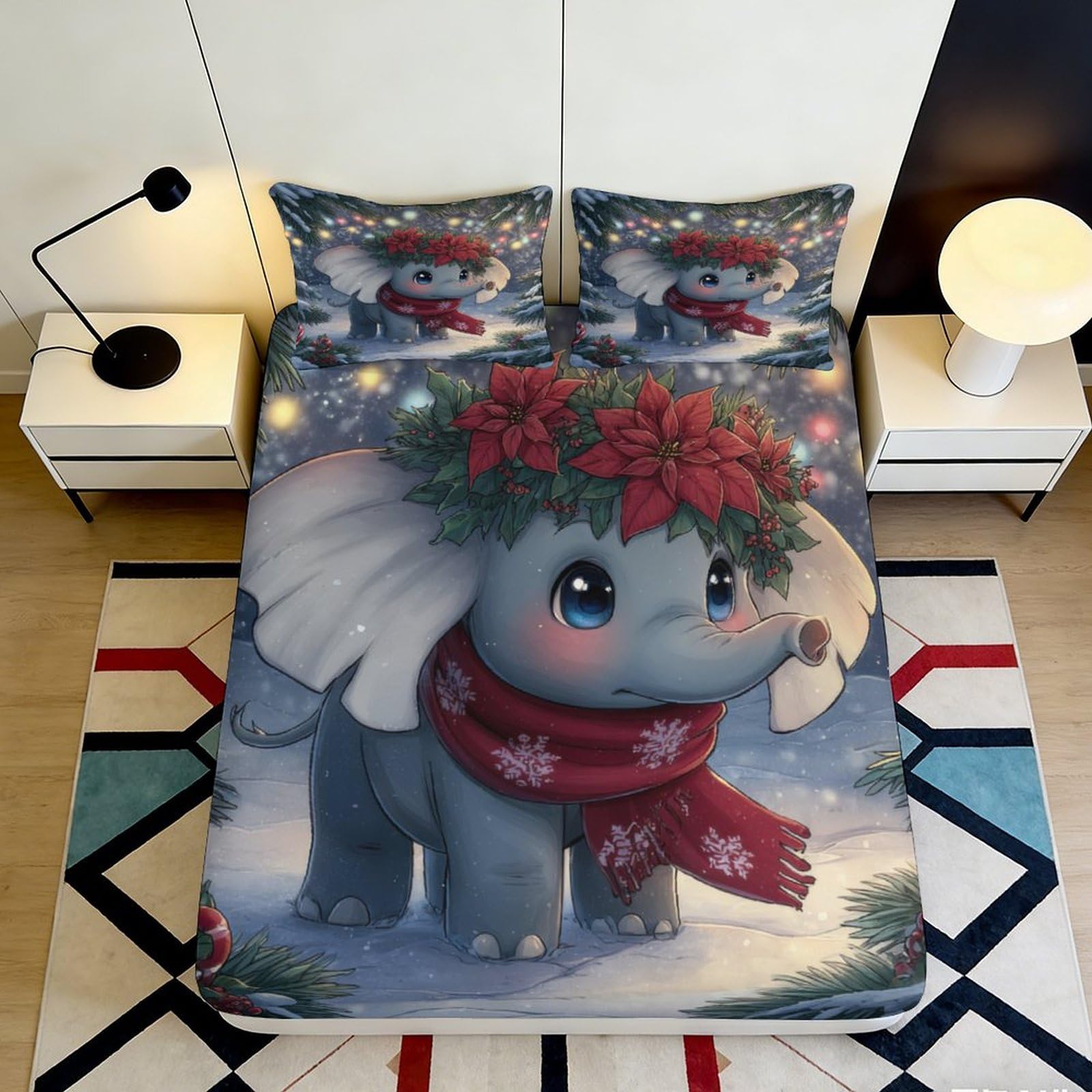 3D Printed Christmas Elephant Fitted Sheet Microfiber Soft Bed Cover for Bedroom Guest Room Mattress Decor 90x200x25cm
