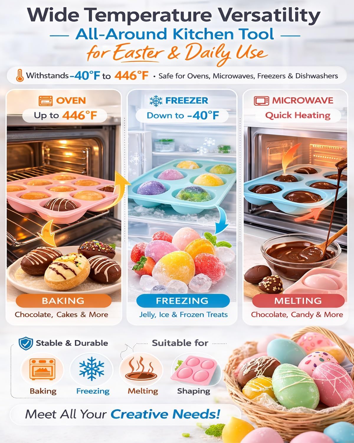 Easter Silicone Egg Molds for Baking, 3 Pack 24 Cavity Food-Grade Chocolate Mold, Egg Shaped DIY Baking Supplies Tools Set, Non-stick Freezer Molds for Cake Jello Ice Cream Soap(2*Set A)