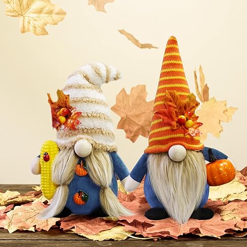 Miniatura 7 de CRCZK Decoraciones de gnomo de Acción de Gracias, paquete de 2 gnomos de felpa hechos a mano de cosecha de otoño, adornos de gnomos suecos con