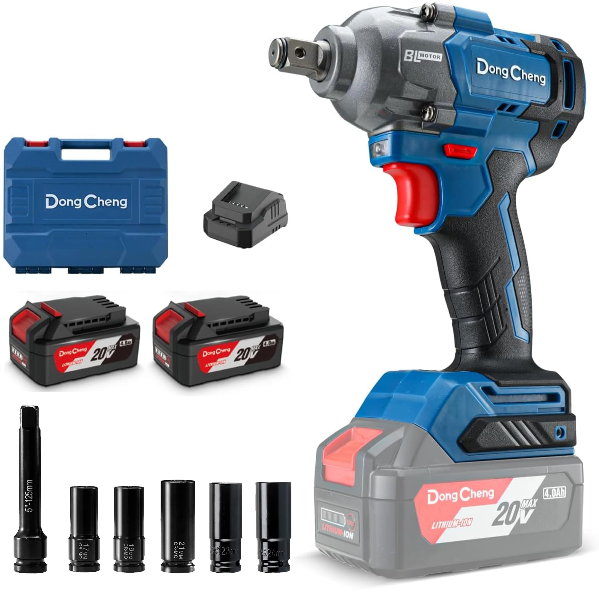 Dong Cheng 20V bürstenloser Schlagschrauber, 908Nm hohes Drehmoment, 2200U/min, 1/2 Zoll akku-Schlagschrauber mit Aufbewahrungsbox, 4-Modus, inklusive 2x4,0 Ah Akkus & Ladegerät
