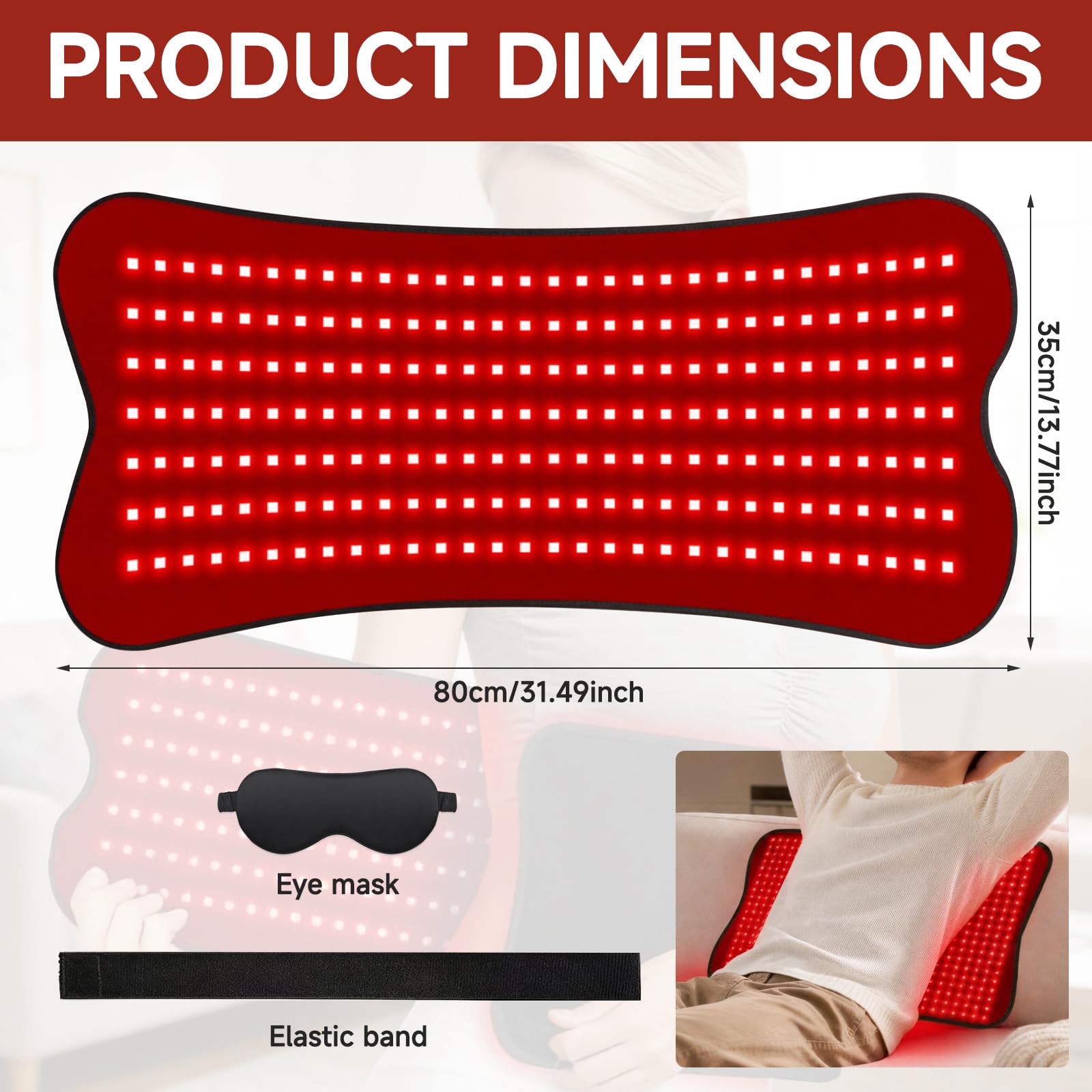 Luce rossa opaca, 210 LED, 80 x 35 cm, luce rossa e infrarossi, 660 nm, 850 nm, tappetino per terapia della luce LED, 5 livelli di luminosità e timer, per schiena, gambe, spalle, vita e ginocchia