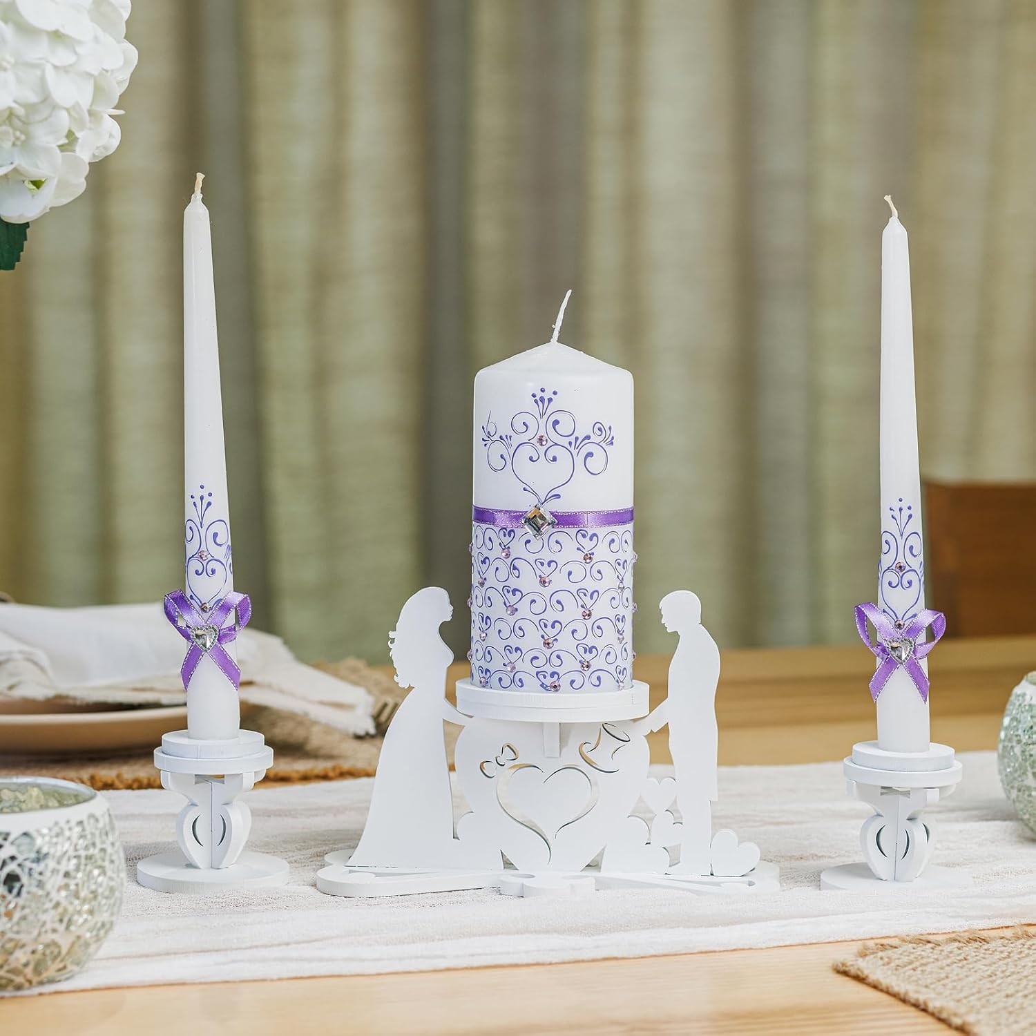 Unity Candle Table Holder and Wedding Candles for Ceremony Set Violet