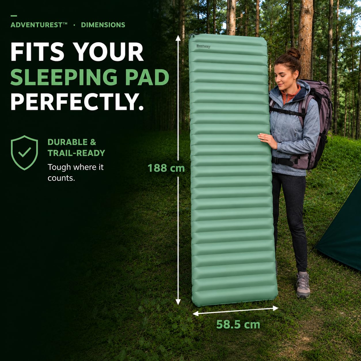 Bestway Matelas Gonflable isolé rectangulaire Taille Regular AdventuRest - 188 cm x 58,5 cm x 7,5 cm - Vert