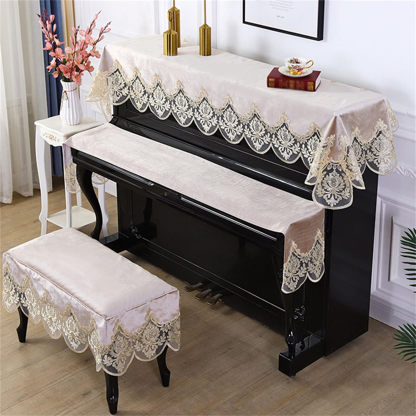 Three Piece Set Piano Cover Cloth With Stool Universal Upright Protective Lace Border Half Draped Dust For Dustproof/b/single Stoo (b Single Stool)