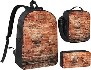 DUWAA Juego de 3 mochilas con estampado de pared de ladrillo rojo, incluye bolsa grande de 17 pulgadas con bolsa de almuerzo y práctica bolsa para bolígrafos, color negro, talla única, Negro, talla