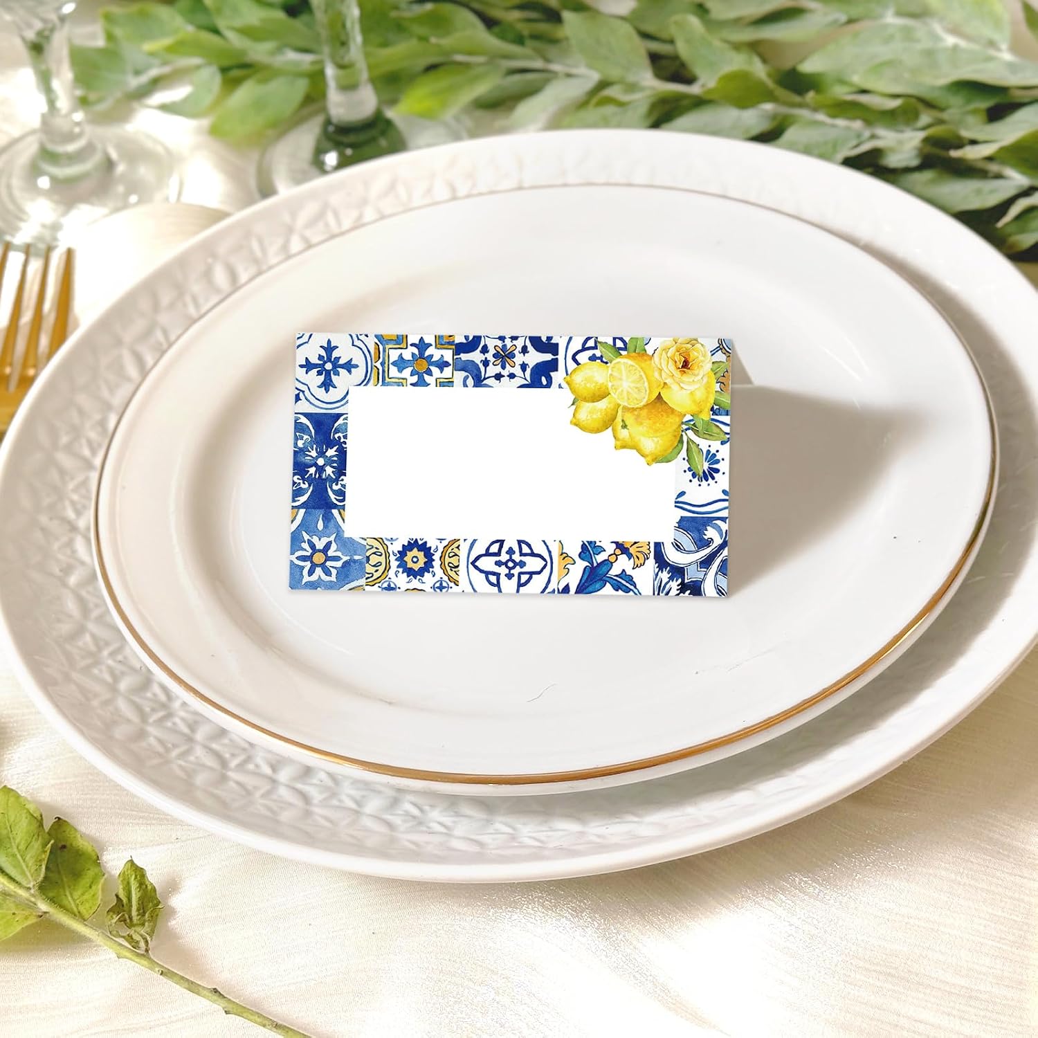 FYSUIMU 100 Pcs Blue Tiles Place Cards 2 x 3.5 Inch Mediterranean Lemon Tented Cards Seating Card for Spring Summer Wedding Bridal Shower Table Setting