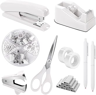 SKYDUE White Office Supplies Set, Desk Accessories, Stapler, Tape Dispenser, Scissors, Binder/Paper Clips and 1000pcs Staples, Office Decor for Women