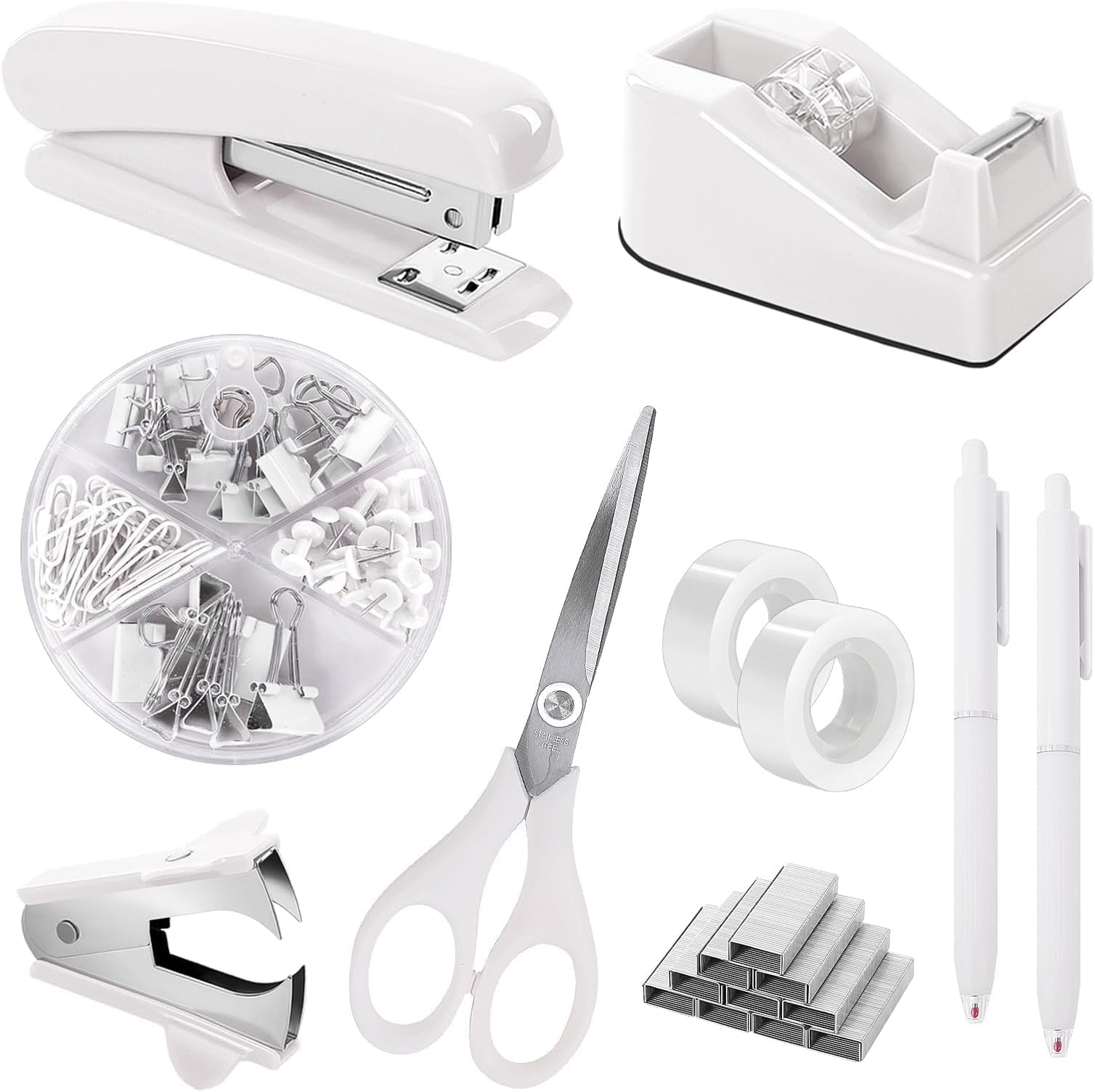 White Office Supplies Set, Desk Accessories, Stapler, Tape Dispenser, Scissors, Binder/Paper Clips and 1000pcs Staples, Office Decor for Women