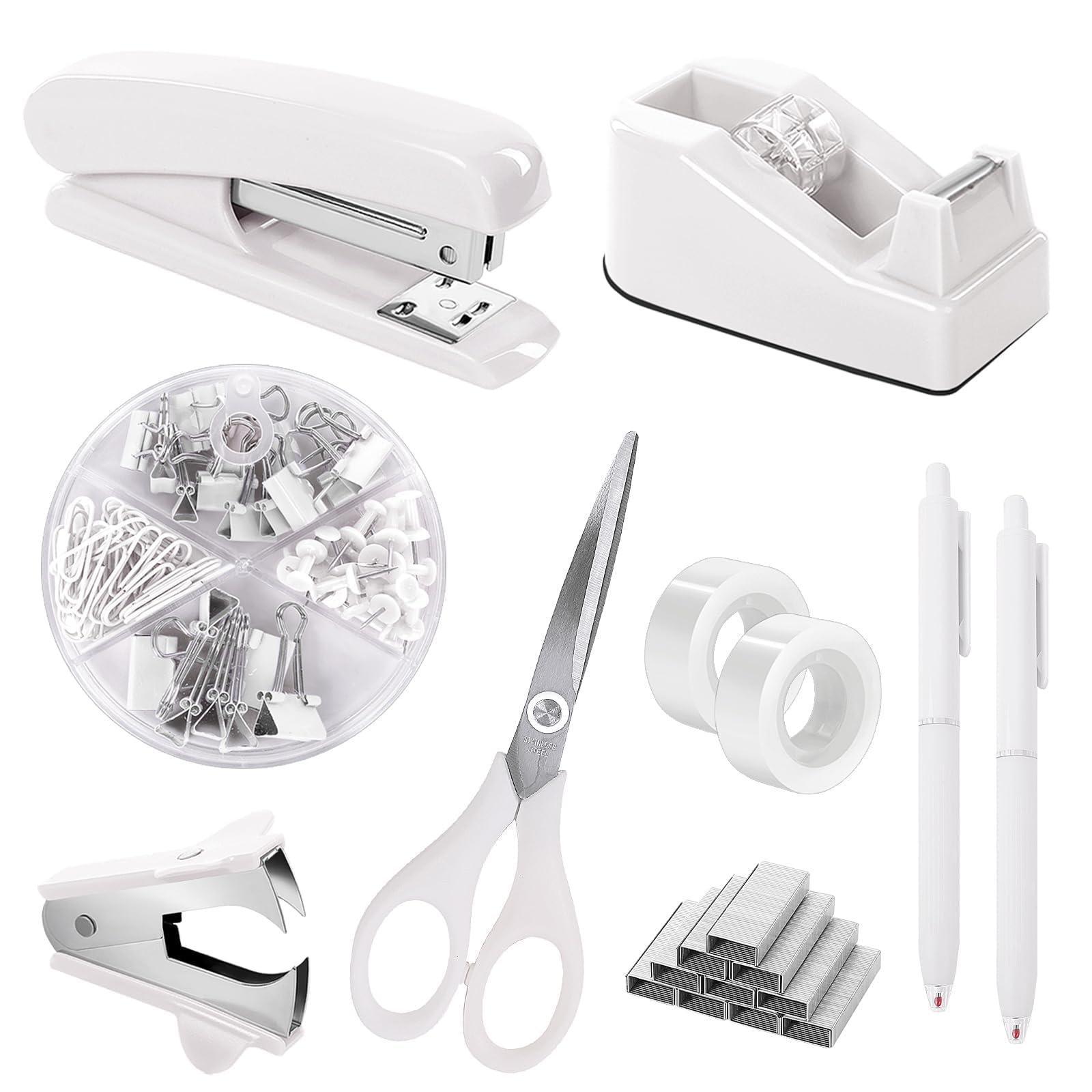 SKYDUE White Office Supplies Set, Desk Accessories, Stapler, Tape Dispenser, Scissors, Binder/Paper Clips and 1000pcs Staples, Office Decor for Women