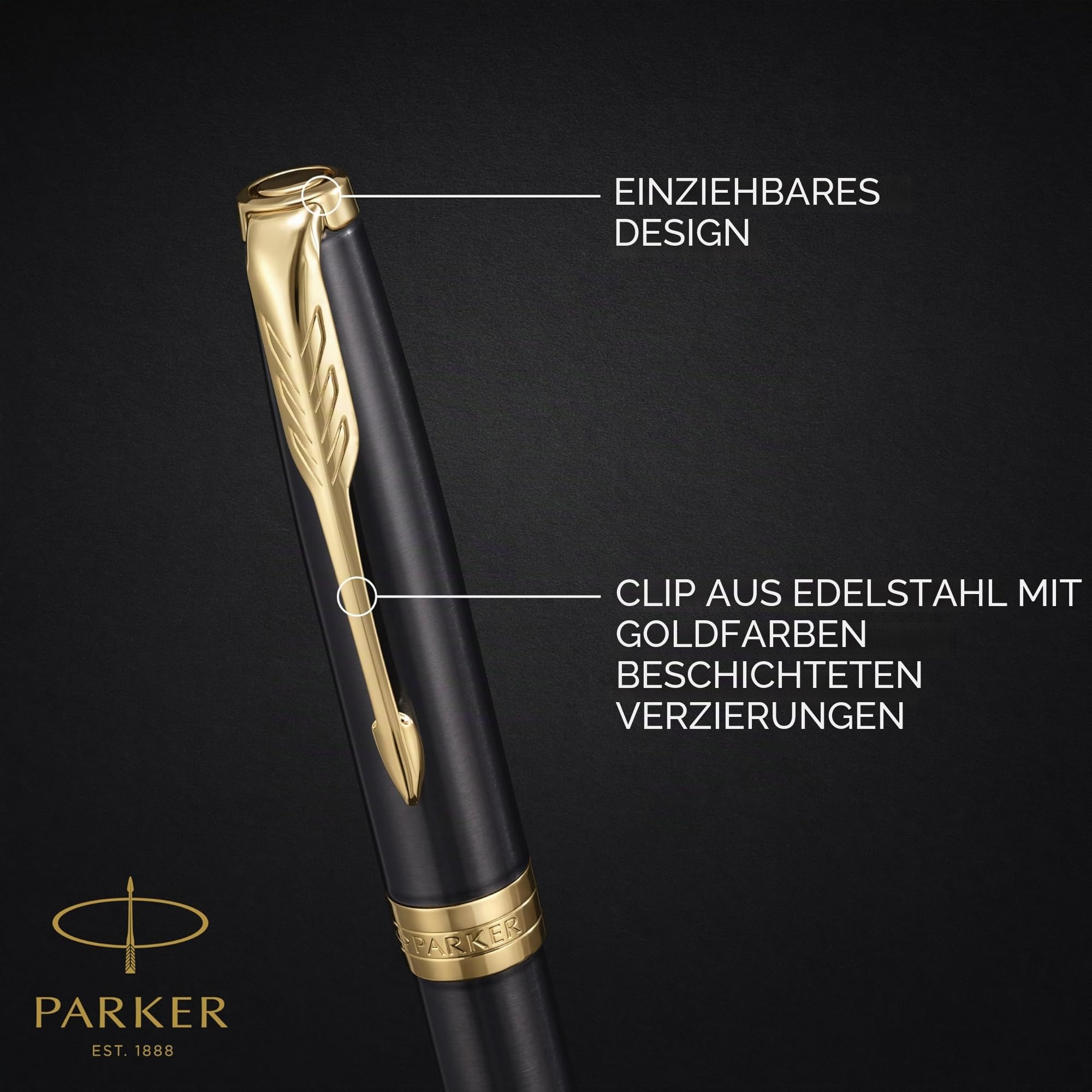 Parker Sonnet Kugelschreiber | grau lackiert mit goldenen Zierteilen | mittlere Spitze | Nachfüllpackung schwarze Tinte | Geschenkbox | perfekte Geschenke zum Schulabschluss