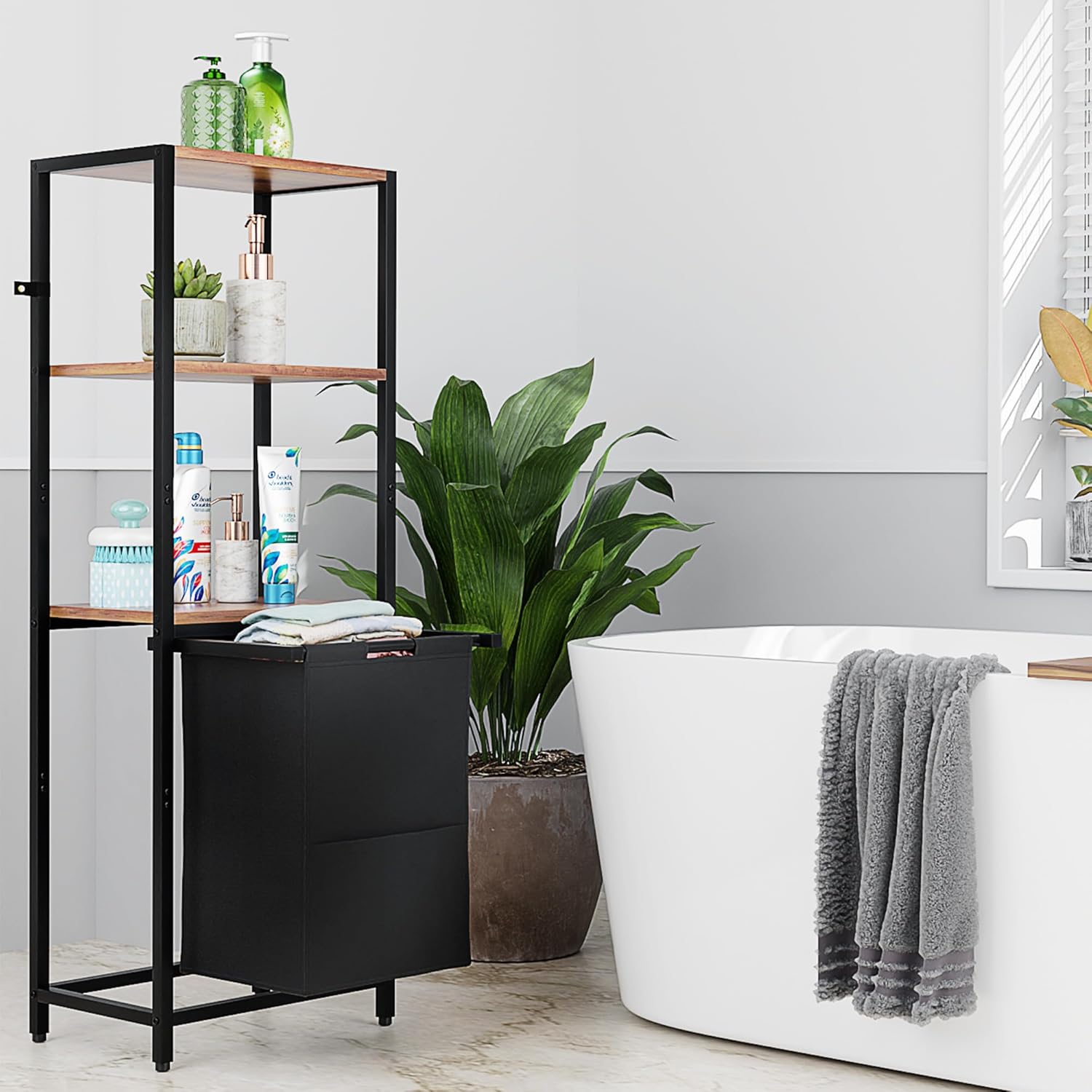 Tilt-Out Laundry Hamper with Shelf – 3 Tier Laundry Organizer with Waterproof Fabric Bin | Freestanding Storage Cabinet with Hooks for Bathroom & Bedroom