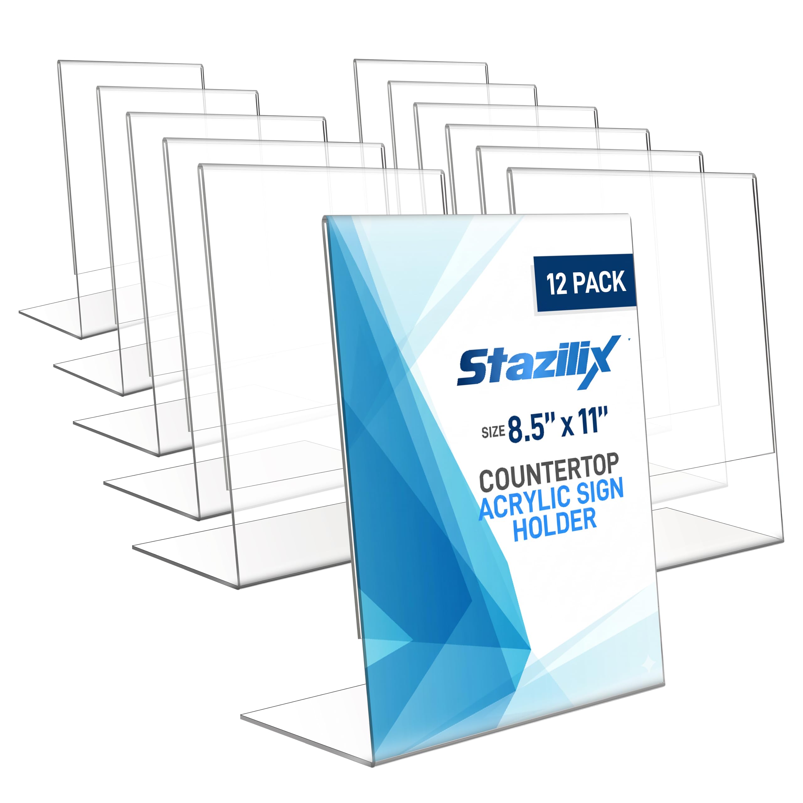 Acrylic Sign Holder 8.5 x 11 (12 Pack) - Plastic Sign holder 8.5 x 11 standing L-Shaped - Vertical Menu Holder Stand, Flyer Display Stand, Table Paper