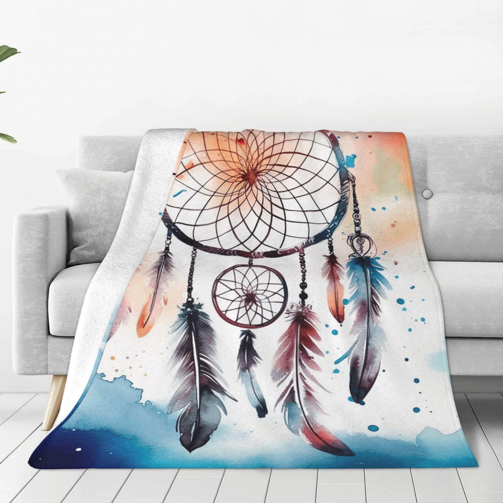 Watercolor Dream Catcher Throw Blanket for Couch, Plush Fuzzy Soft Flannel Blankets and Throws for Sofa, 80"x60" Bed Blankets for Travel Camping Chair, All Season Warm Fleece Blanket