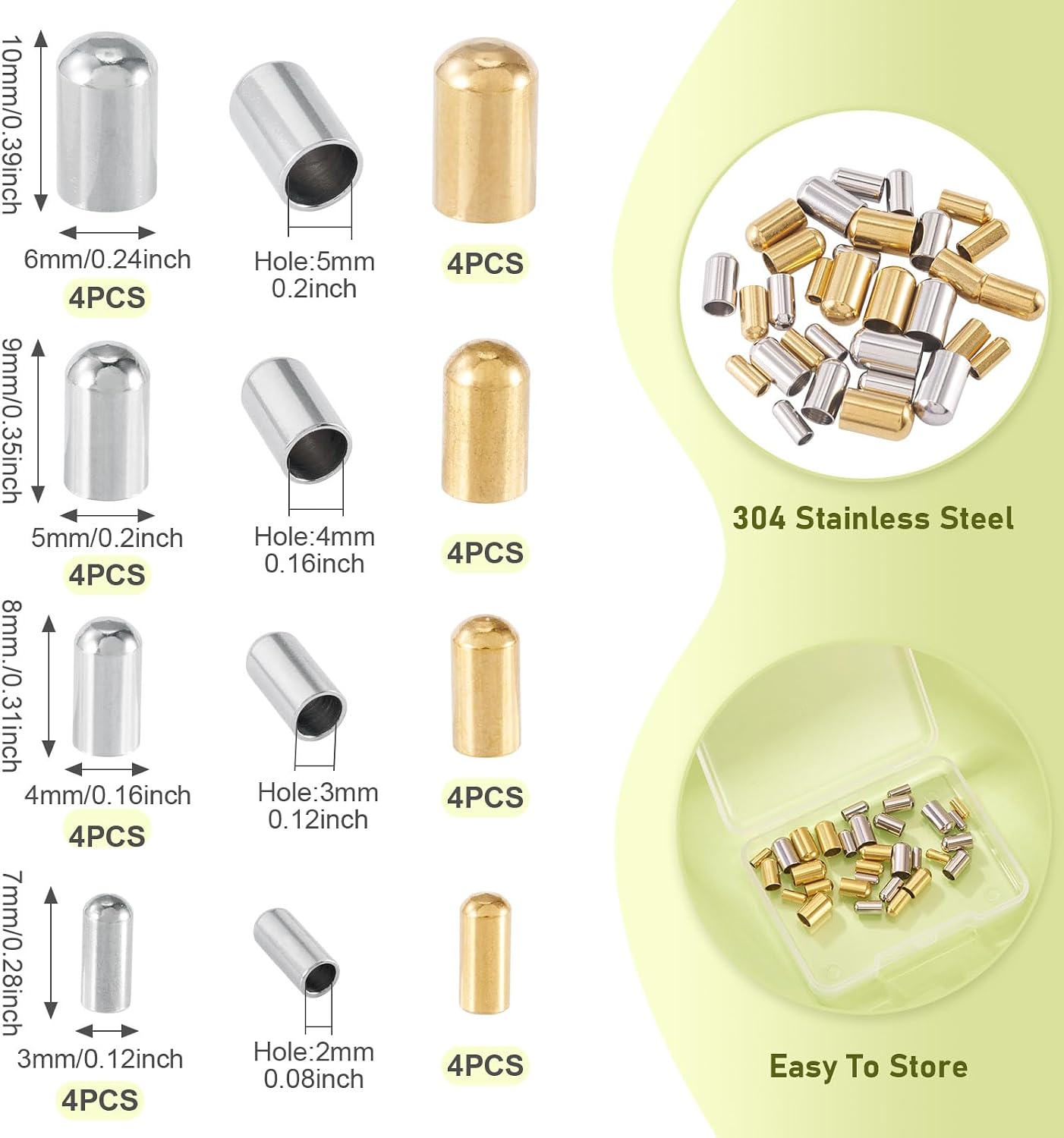 Craftdady 32pcs Column Stainless Steel Cord End Golden Leather End Caps 2mm 3mm 4mm 5mm Inner Diameter Terminators Cord Finding for DIY Craft Bracelet Jewelry Making