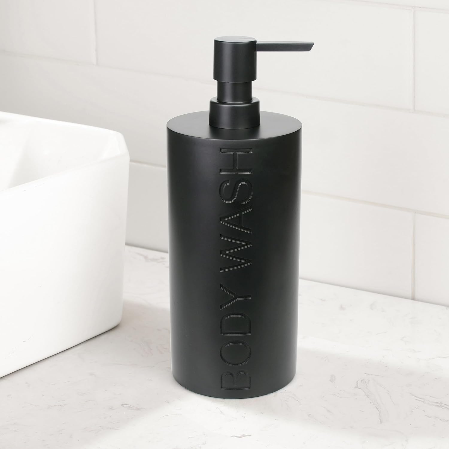 Matte Black Body Wash Dispenser Luxurious Refillable Pump Bottle with Embossed Text, Durable Construction for Bathroom and Shower - Image 5