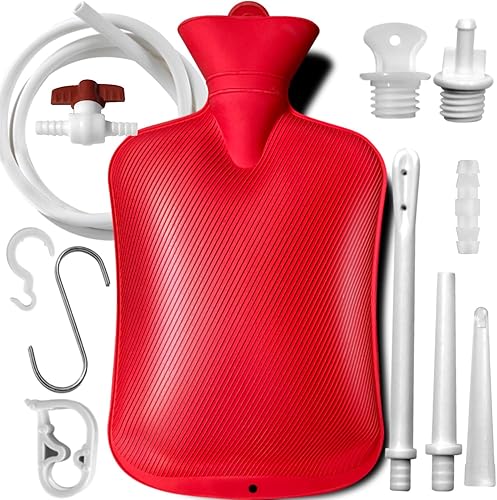 Bolsa de enema de 2 L con interruptor, botella de agua caliente, manguera de silicona de 5.0 pies de largo, 3 puntas reutilizables de varios