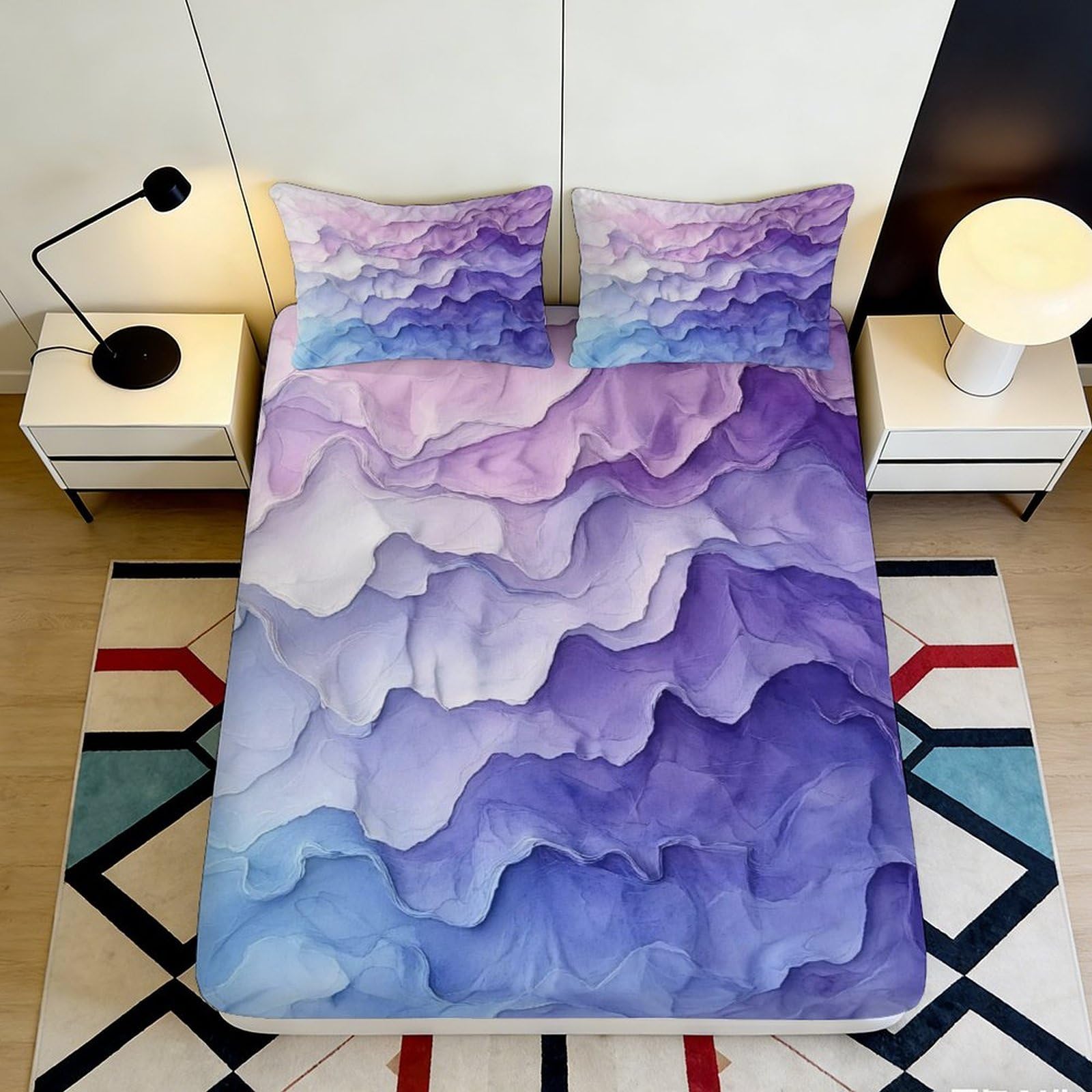 3D Printed Purple Blue Gradient Fitted Sheet Microfiber Soft Breathable Abstract Waves Mattress Cover for Bedroom Dormitory Guest Room Protection Decoration 200x200x25cm
