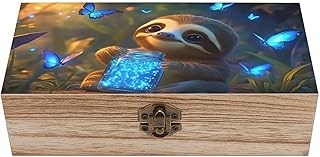 HSZHSZ Sloth Glowing Blue Butterflies Wooden Storage Box with Hinged Lid 7.9"x3.9"x2.3",Natural Jewelry Box,Vintage Lock Decorative Organizer for Crafts Art Home Gifts