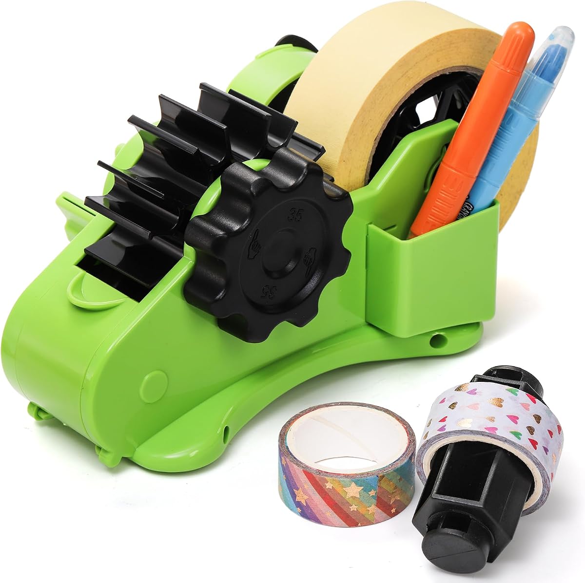 DEAYOU Dispensador de cinta térmica multirollo, dispensador de cinta de sublimación con núcleos de doble carrete de 1" y 3" para cinta de transferencia de calor precortada, dispensador de cinta de embalaje de escritorio semiautomático con ranura para compartimento, verde
