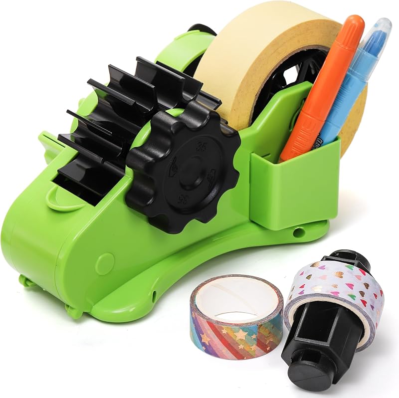 DEAYOU Dispensador de cinta térmica multirollo, dispensador de cinta de sublimación con núcleos de doble carrete de 1" y 3" para cinta de transferencia de calor precortada, dispensador de cinta de embalaje de escritorio semiautomático con ranura para compartimento, verde