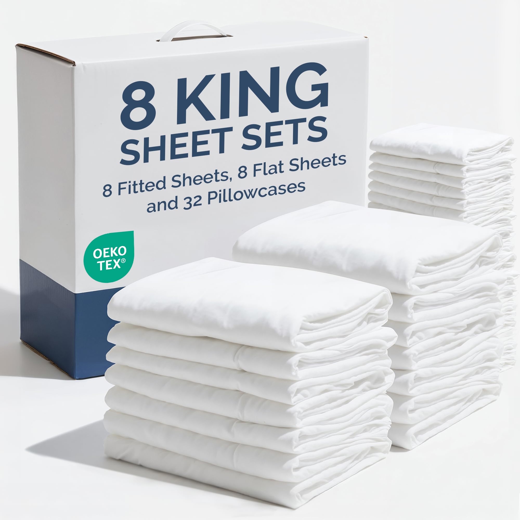 bulk case pack of 8 sheet sets - complete 6 piece sheet sets - bulk king bedding - wholesale case pack for hotels, spa & airbnbs - deep pocket, fade & wrinkle free - cooling & breathable - king, white