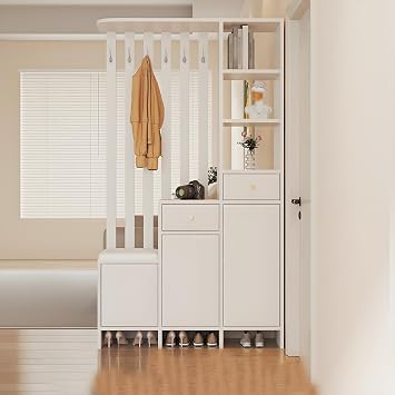 LINLIUA Room Divider with Shelves, Entryway Organizer Cabinet with Shoe Storage, Coat Hooks, Drawers & Open Shelves, Freestanding Hallway Partition for Living Room