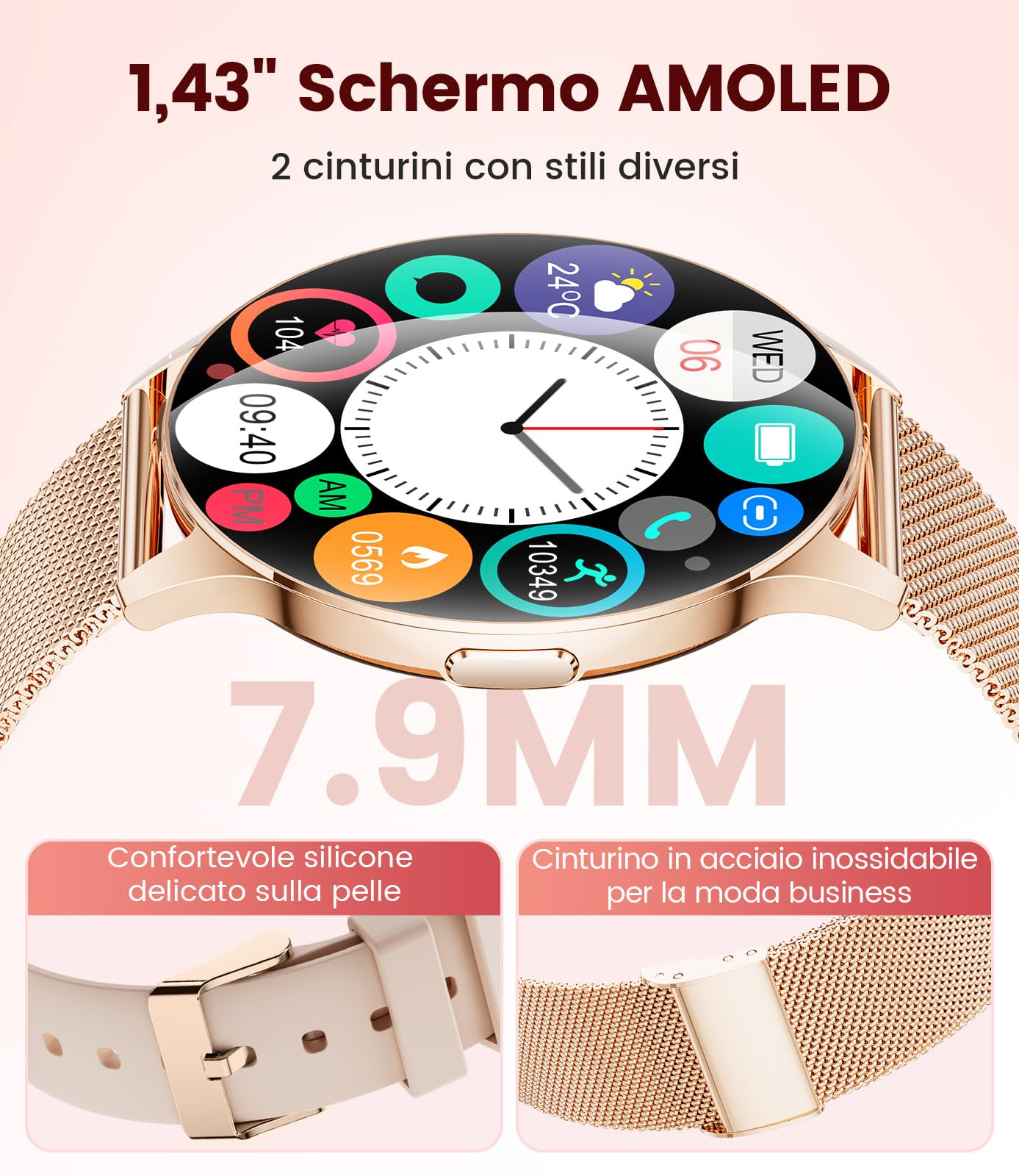 LIGE Smartwatch da donna, 1,43" HD AMOLED Smartwatch con funzione telefonica, orologio sportivo in oro nero con 120+ modalità sportive, monitoraggio del sonno, ciclo mestruale,Oro