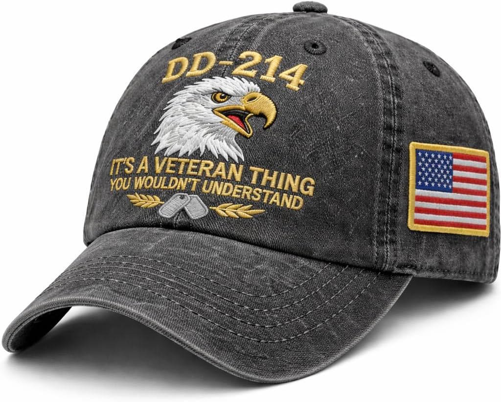 DD-214 Veteran Embroidered Hat for Men Patriotic Military Baseball Cap with Embroidered Flag, Adjustable Fit