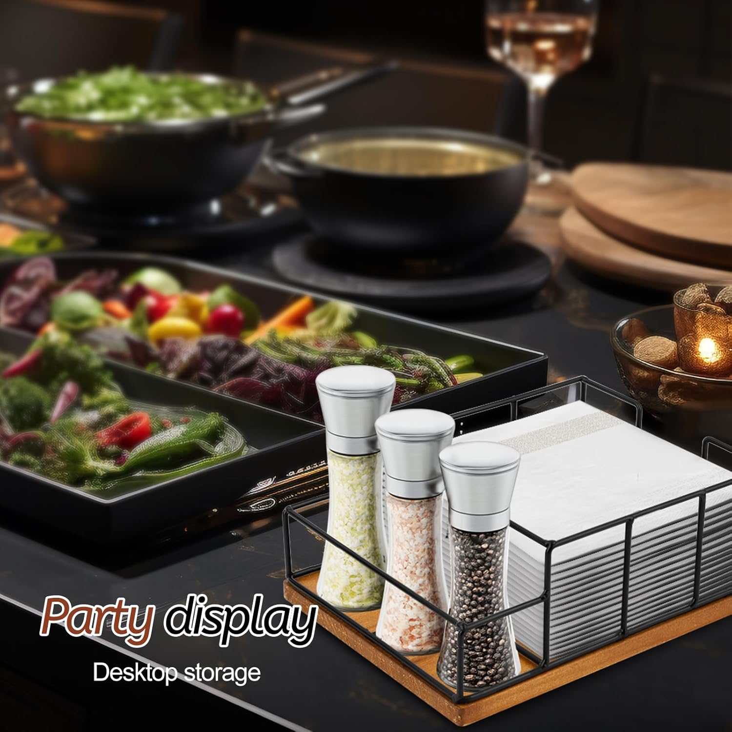 Wooden Napkin Holder with Double Compartments, Salt and Pepper Shaker, Metal Napkin Holder for Kitchen Table Decoration - Oversized and Simple Napkin Dispenser