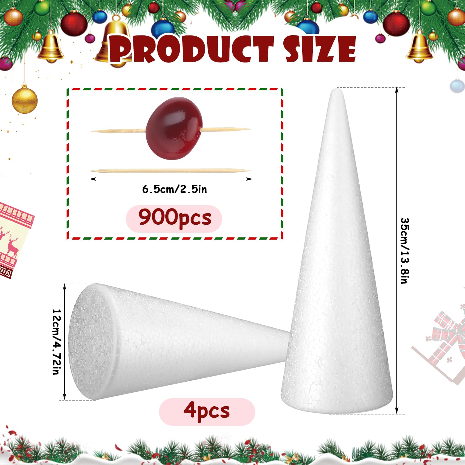 904 Stück Schaumstoffkegel zum Basteln mit 900 Zahnstochern aus Bambusholz, 4 Weihnachtsbaum-Schaumstoffkegel, Bastelbedarf, Kegel zum Basteln für Party, Snacks, Zuhause