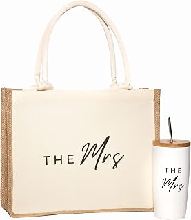 The Mrs Tumbler & Tote Bag Gift Set- Stainless Steel Wine Tumbler with Lid & Straw- Travel Mug & Tote Bag for Women Perfect for Bride Gifts, Wedding & Engagements