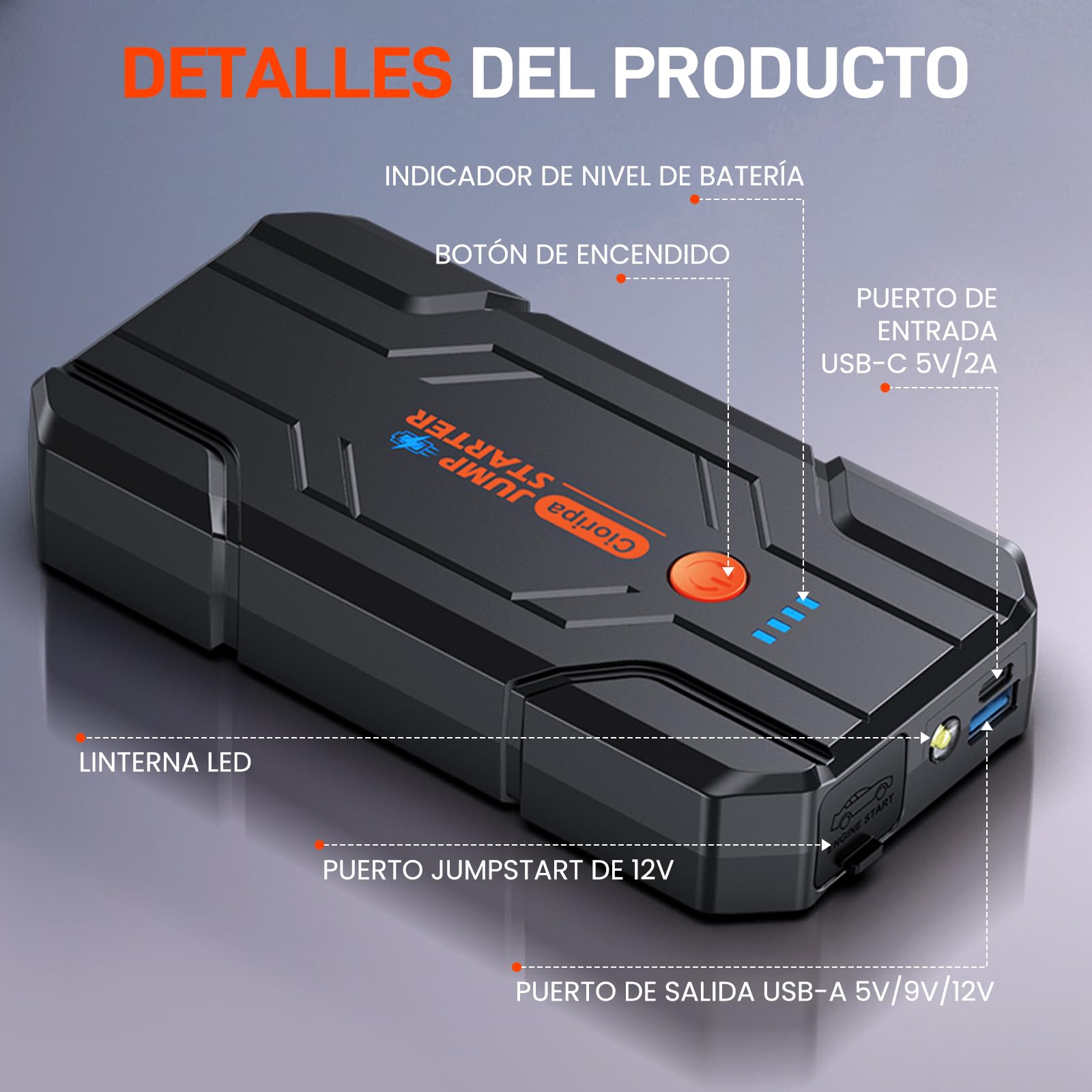 Arrancador de Baterias de Coche 𝟏𝟒.𝟖𝐕- 𝟖𝟎𝟎𝟎𝐀 Jump Starter para Motor 9.0L Gas o 8.5L Diesel, Power Bank Portátil con Carga Rápida QC3.0, Linterna LED y Pinzas Inteligentes