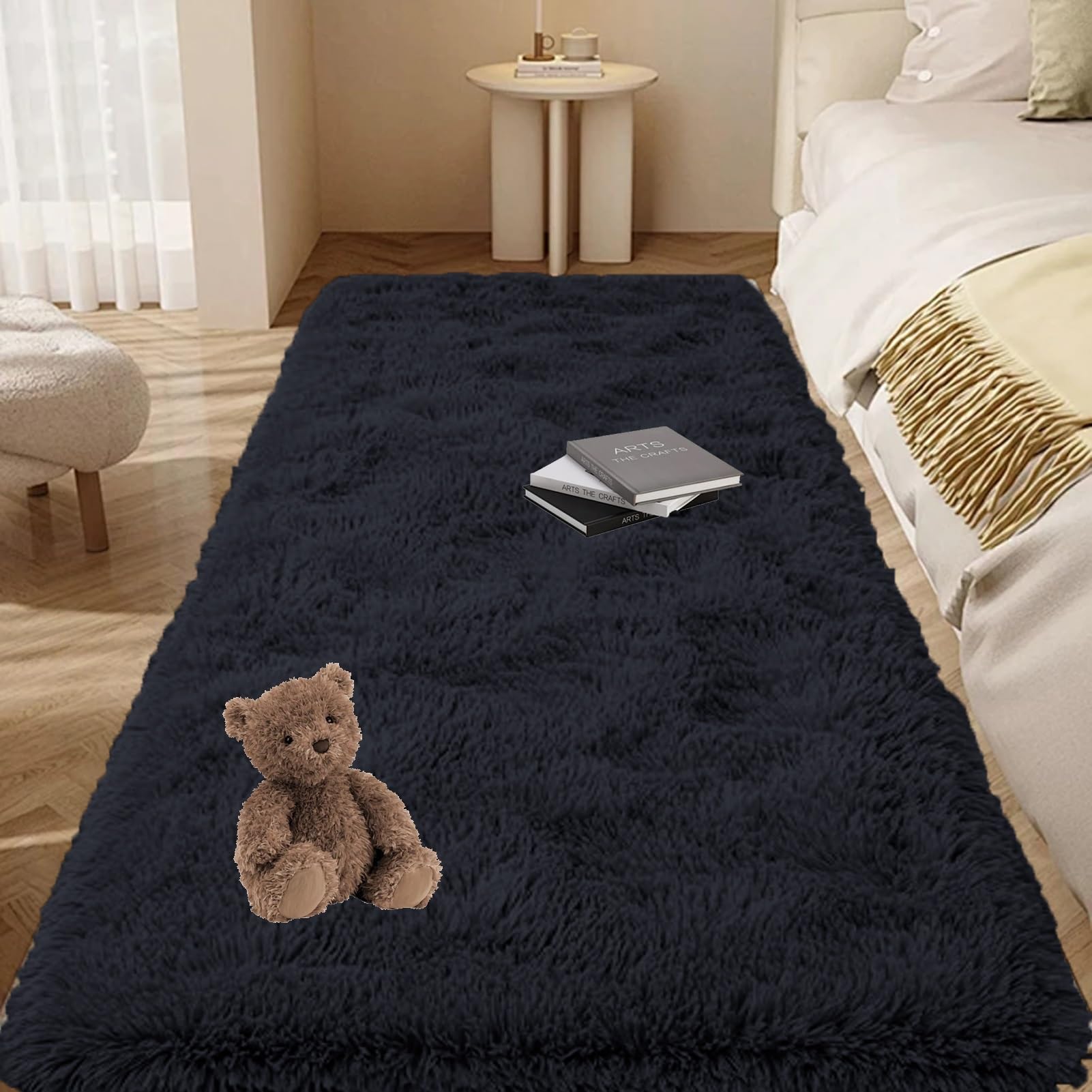 GOUTUI Thick Pile Rug 65 x 240 cm Super-Soft Fur Look Dense Pile Shaggy Rug Non-Slip Underside for Living Room Nursery Bedroom, Black