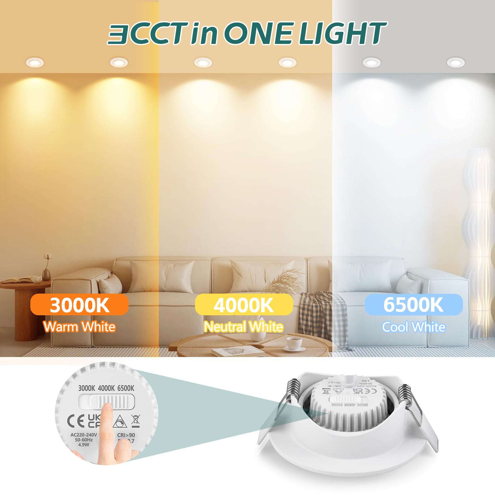 Foco LED Empotrable 230 V Regulable IP44 3CCT Orientable 45° 6PCS Blanco | KYOTECH 5W 550LM Downlight Techo Empotrable LED de 30mm Ultraplanos 68-75mm 3000K 4000K 6500K para Baño Salón