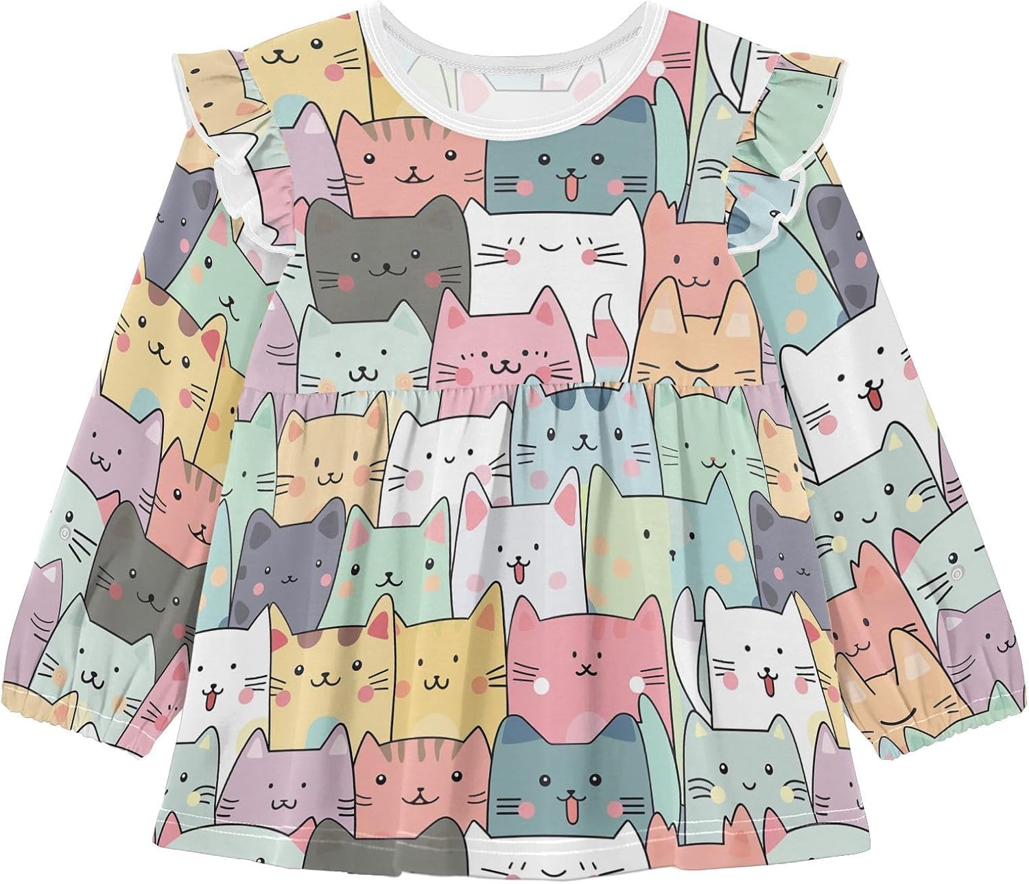 visesunny Toddler Clothes for Girls Colorful Cartoon Cats Long Sleeve Fall Shirts Cotton Top with Ruffle Collar