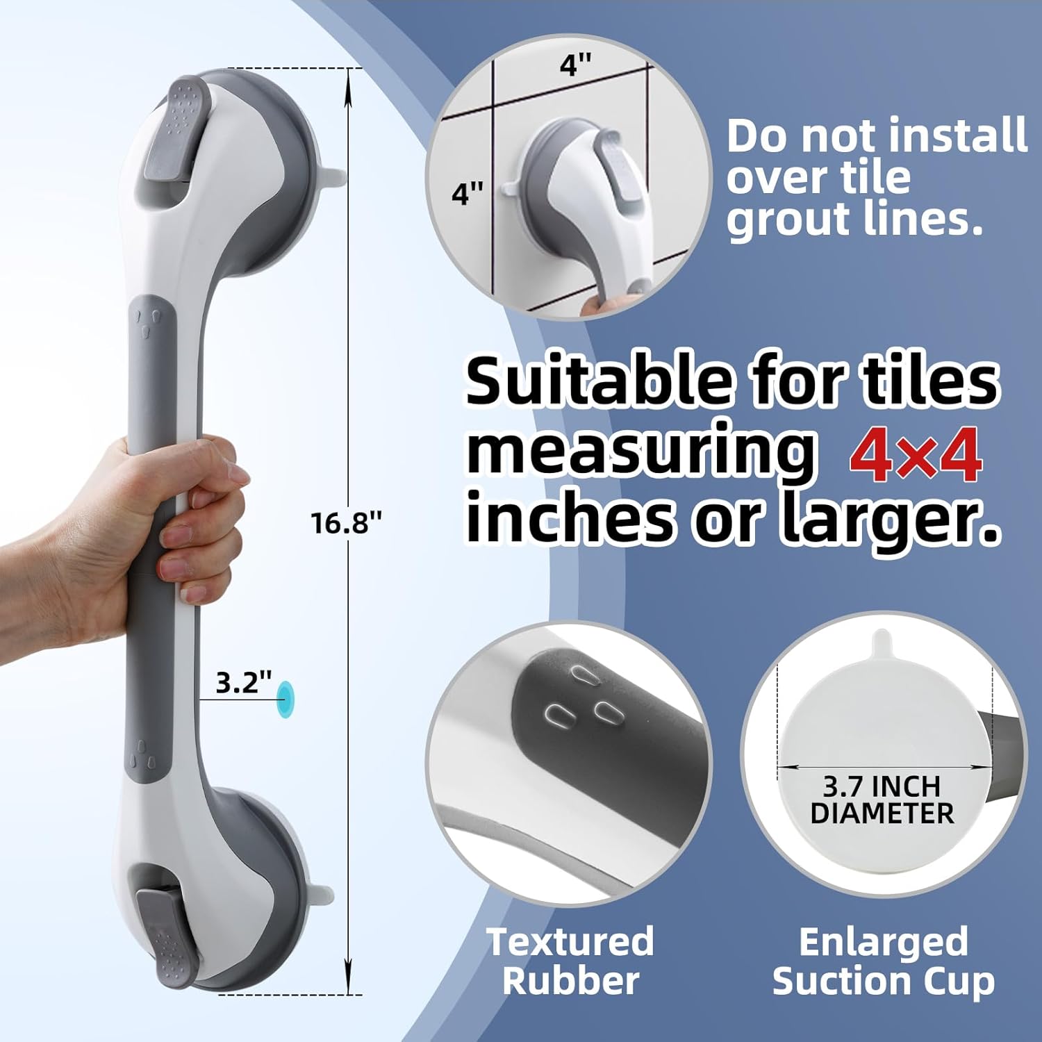 grab bars for bathtubs and showers 2 pack shower handle, heavy duty suction grab bar bath handrails for seniors and elderly, bathroom safety grip no drilling waterproof removable, grey 17 inch (2 pack) gray