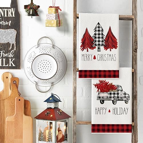 Miniatura 3 de Artoid Mode Juego de 2 paños de cocina y paños de cocina y paños de cocina con diseño de árboles de camión negro y rojo, Feliz Navidad, 18 x 26