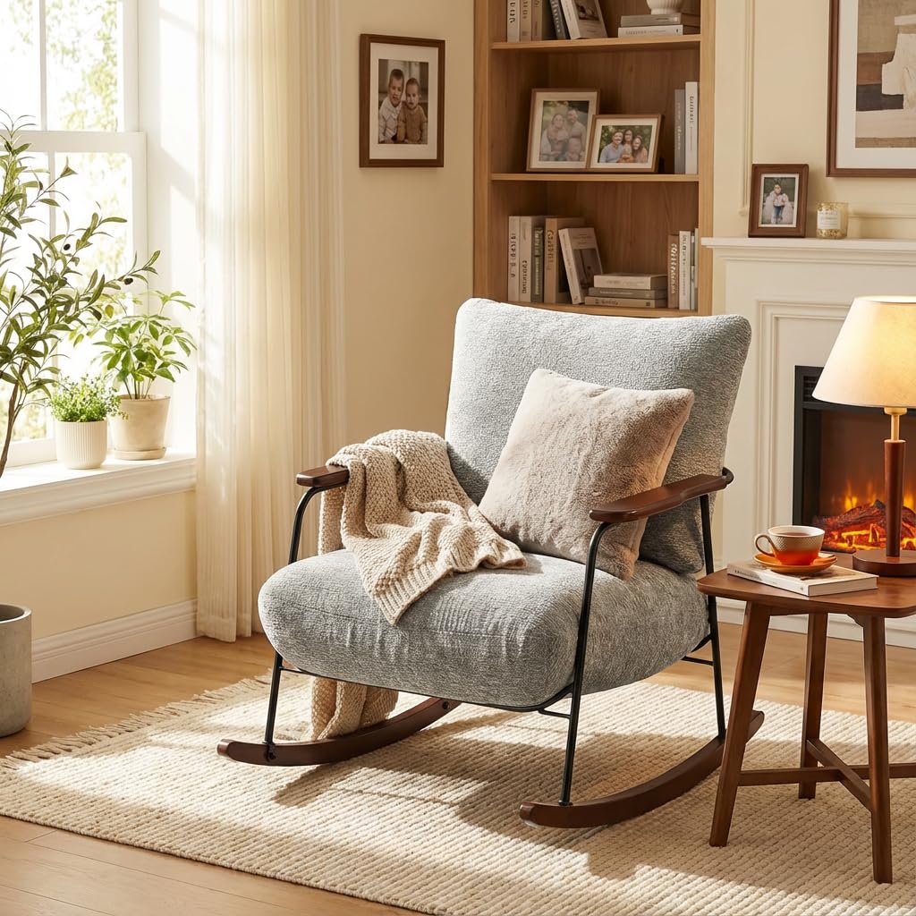 Hellove Fauteuil à Bascule Cocooning en Chenille – Rocking Chair Moderne avec Pieds Bois Massif, Fauteuil Relax pour Salon, Chambre, Coin Lecture, Gris