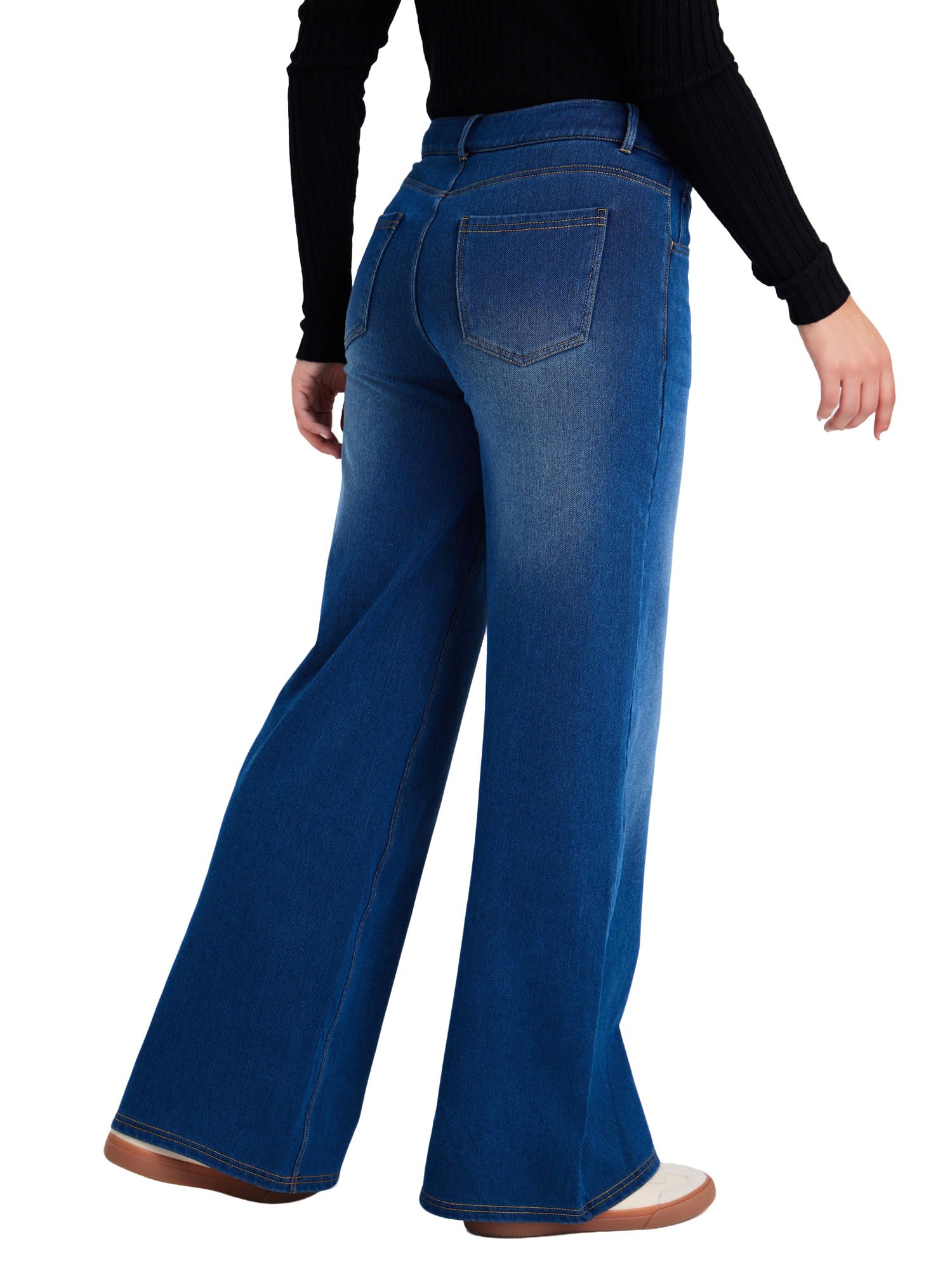 LaiEr Jeans à Jambe Large pour Femmes,avec Design Classique de Devant à Bouton et Fermeture éclair,Coupe Ample,Pantalon en Denim à Haute élasticité adapté